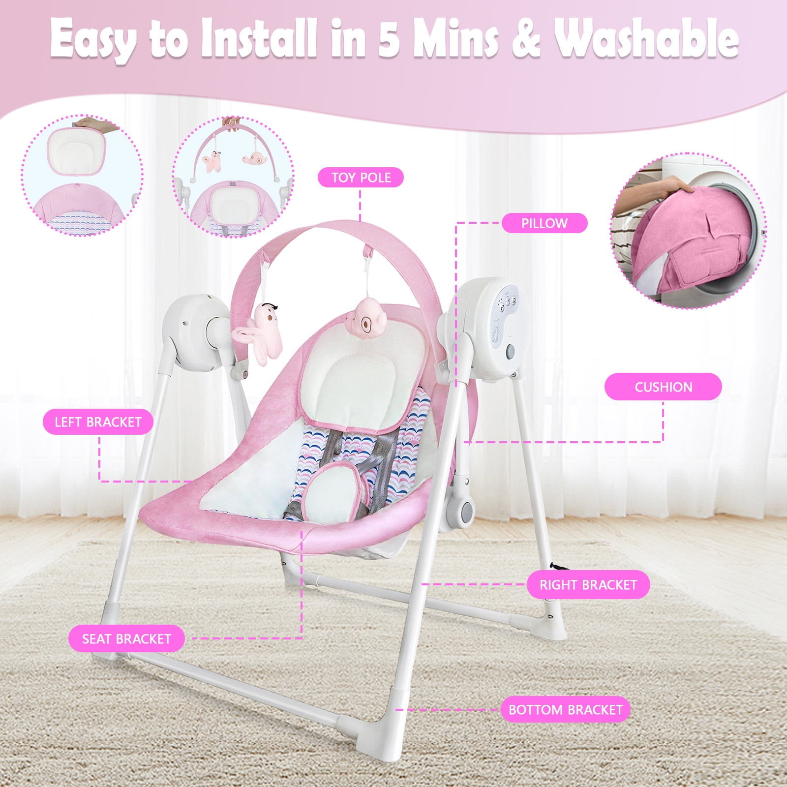 Yadala Baby Swing, Foldable Baby Swing for Infants with 5 Speed, 12 Music, 0-12 Months, Pink - Image 4