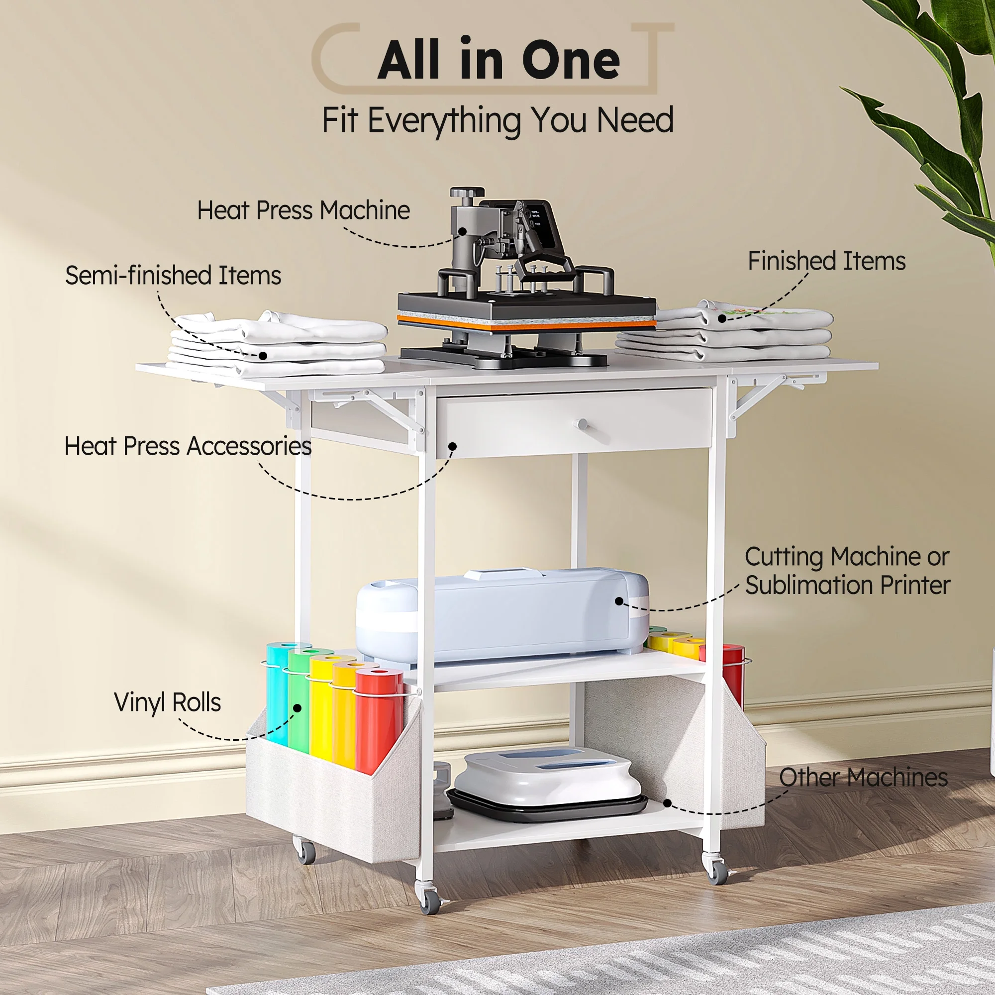 Craft Cart Compatible with Cricut Machine, Crafting Table Heat Press Table with Rolling Storage Organizer Craft Workstation Cabinet Desk Stand Furniture for Craft Room Organization - Image 3