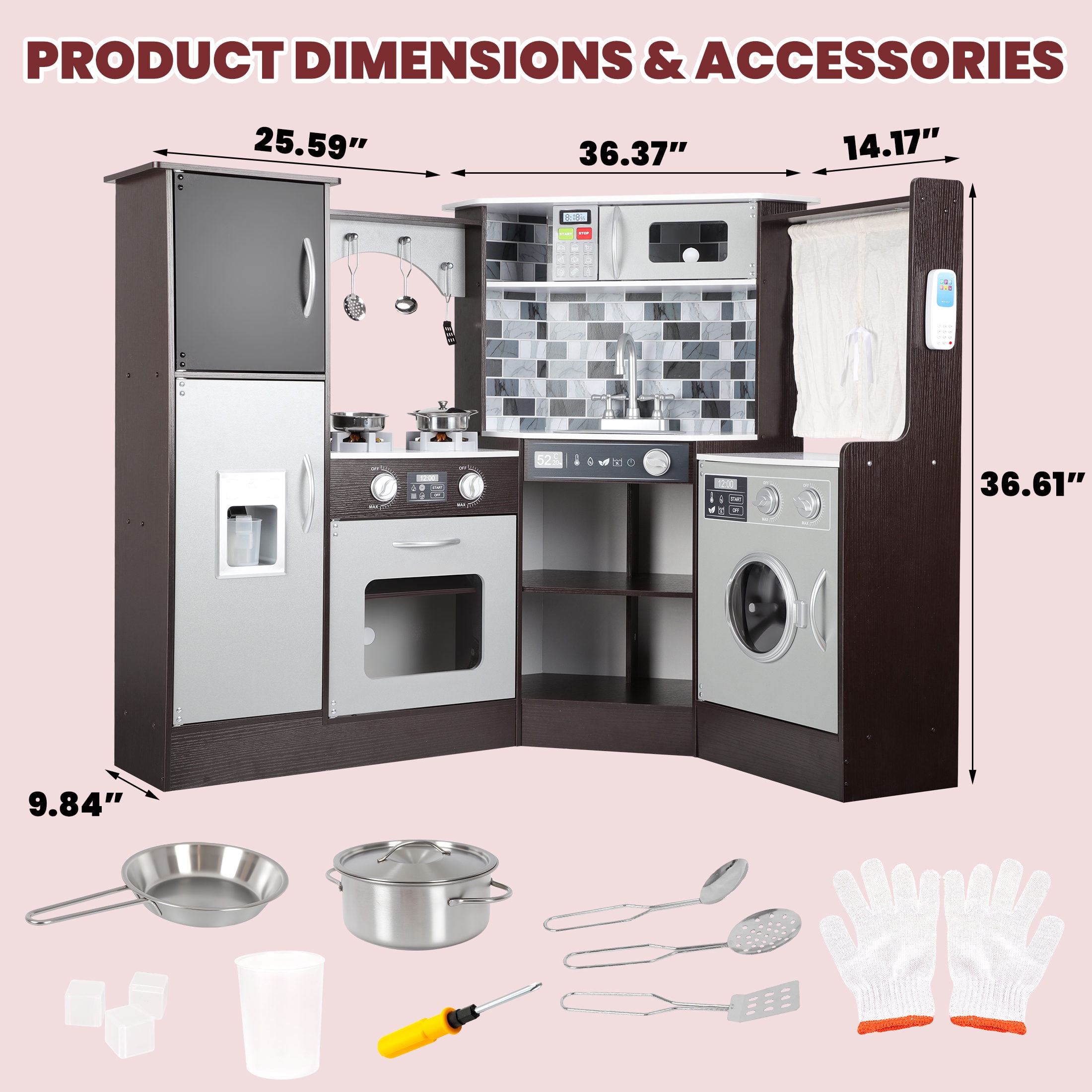 iYofe Corner Wooden Play Kitchen, Kids Kitchen Playset w/Light & Sound, Phone, Microwave, Stove, Cocina de Juguete Para Niña with Cooking Toys Accessories for Toddler Ages 3-5 Boys Girls, Espresso - Image 6