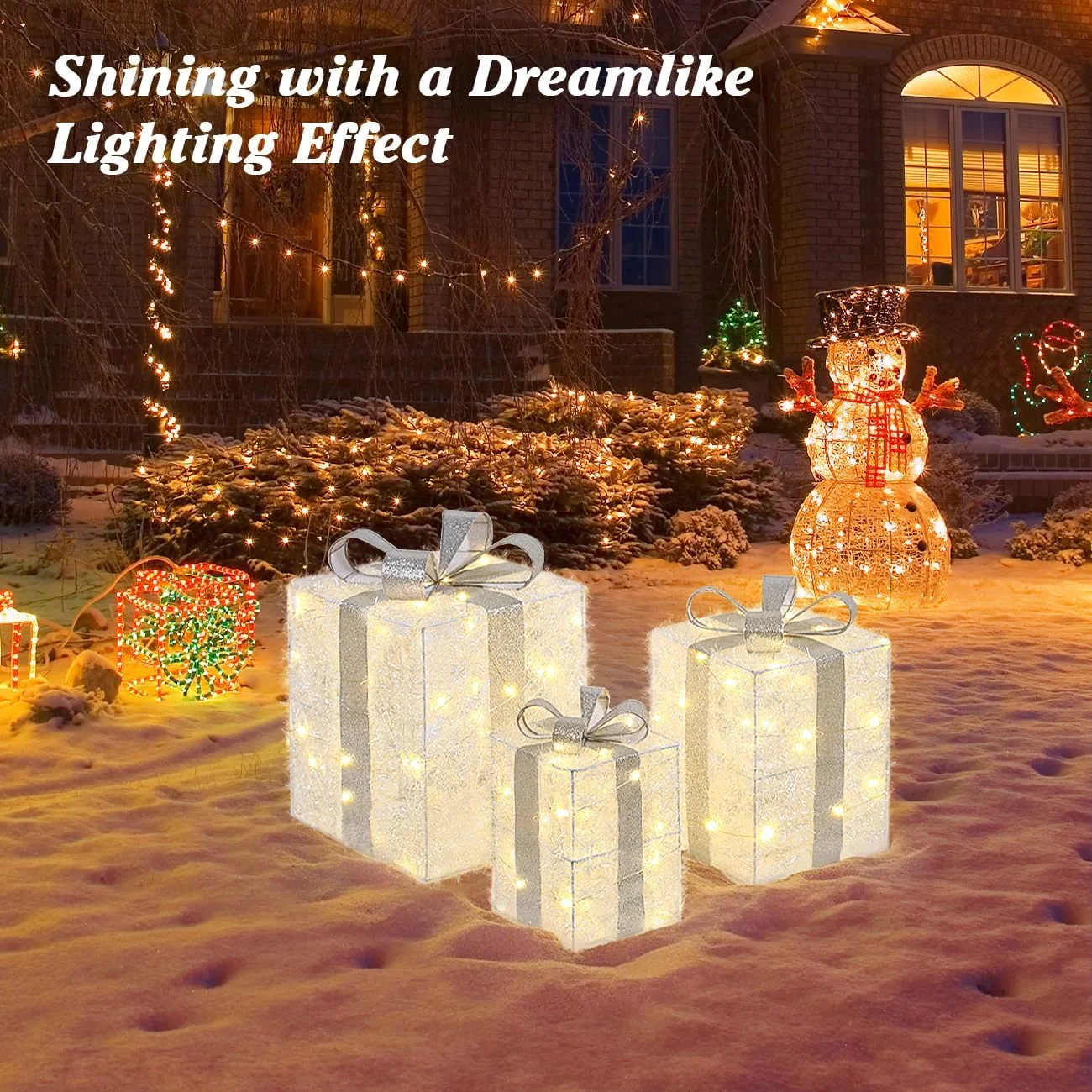 uxspire LED Gift Boxes Set of 3, Battery Operated, Metal Frame, White, 90 LED Bulbs, Indoor/Outdoor - Image 3