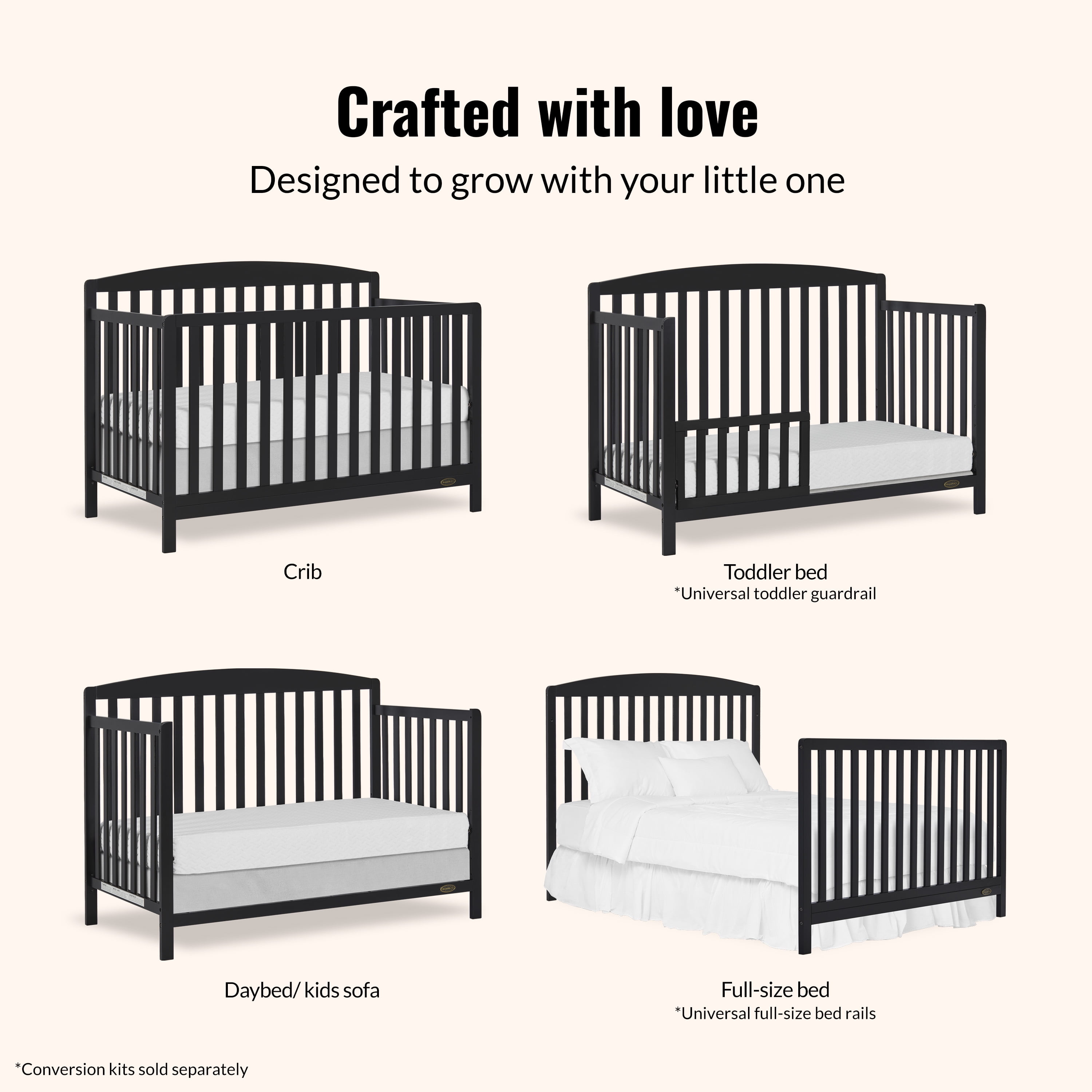 Dream On Me Odelle 5-in-1 Convertible Crib, Converts from Baby Crib to Toddler Bed, Day Bed, Kids Bed and Full Size Bed, Three Adjustable Mattress Height Positions, Matt Black - Image 3