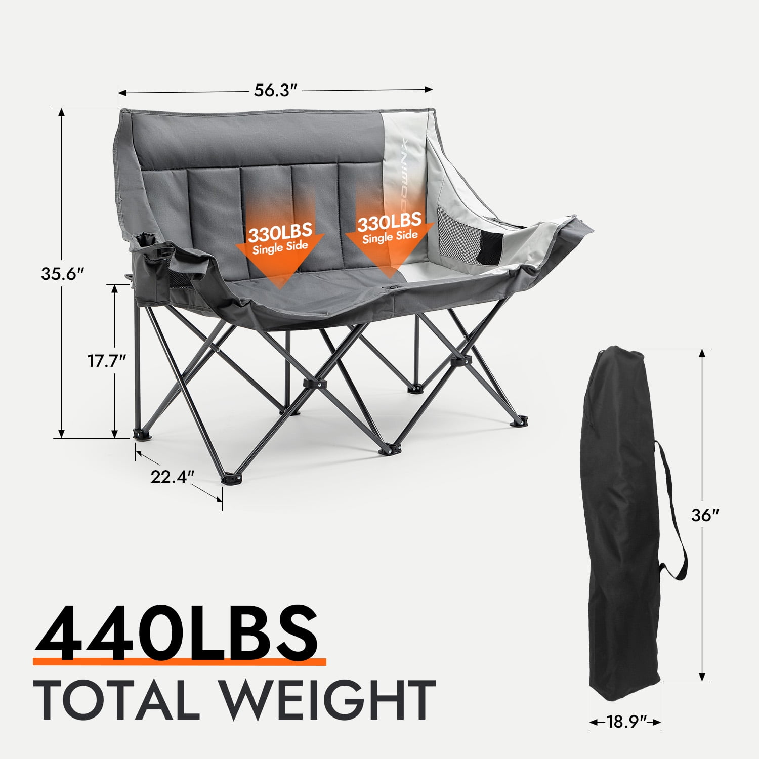 Dowinx Double Camping Chair Loveseat, Portable Folding Outdoor Lawn Chair with Padded Seats, Armrests, Side Pockets, 440lbs Capacity for Beach, Patio, Picnic - Gray PRO - Image 5