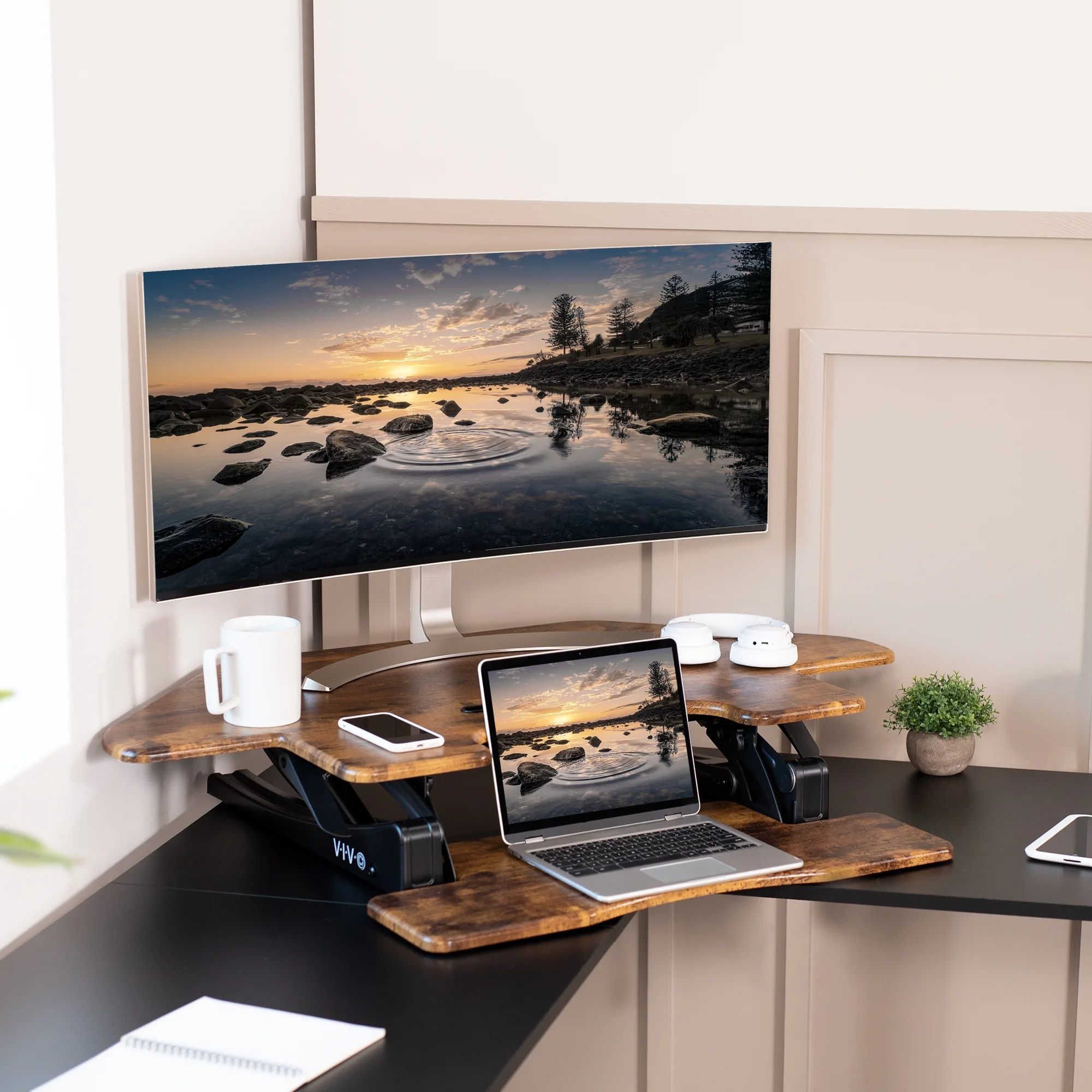 VIVO Rustic Vintage Brown Corner Height Adjustable Sit to Stand Tabletop Desk Riser - Image 7