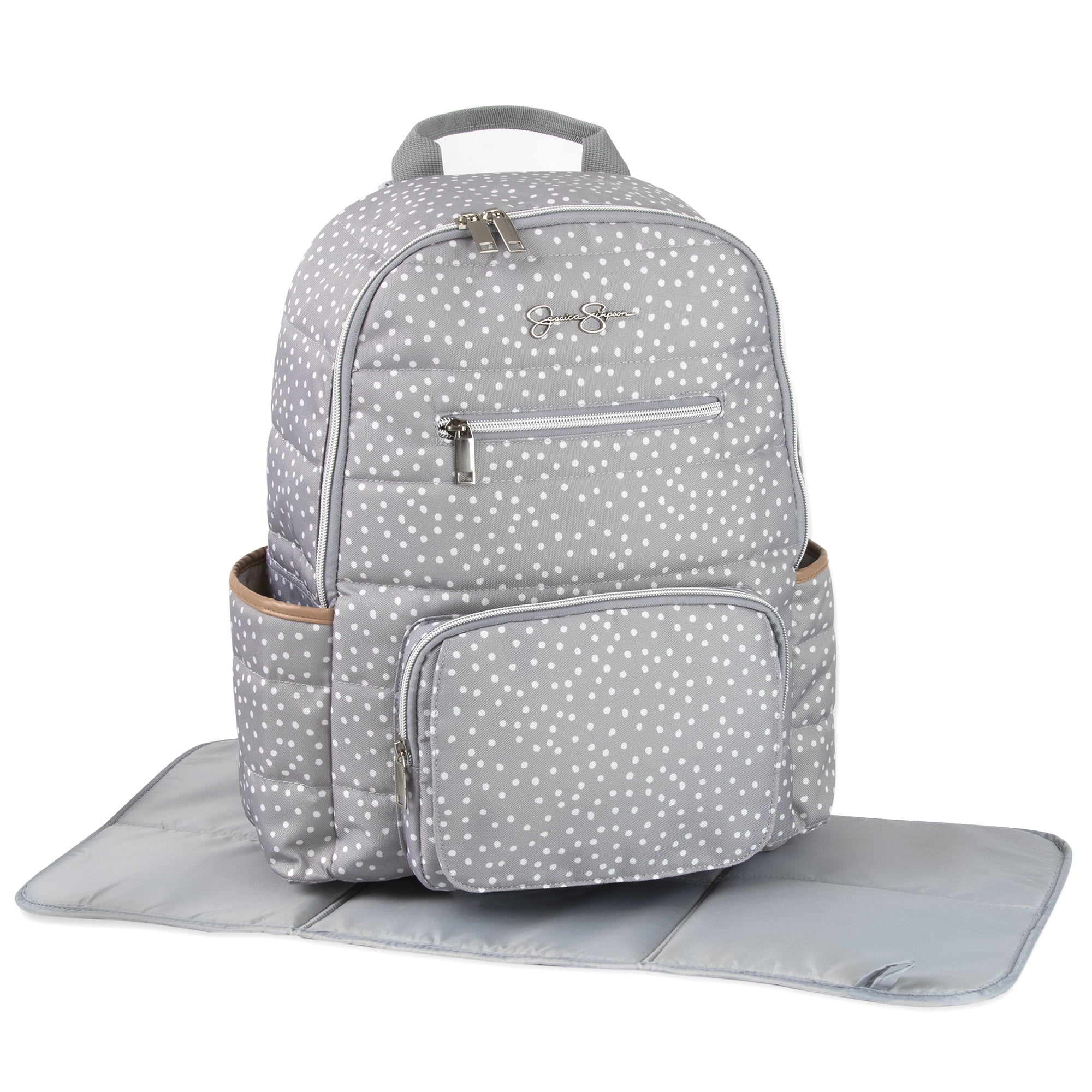 Jessica Simpson Gray Line Quilted Multi-Pocket Dual Zipper Closure Fashion Diaper Bag Backpack in Dots with Magnetic Front Baby Wipe Pocket, Matching 3-Ply Folding Baby Changing Pad - Image 7