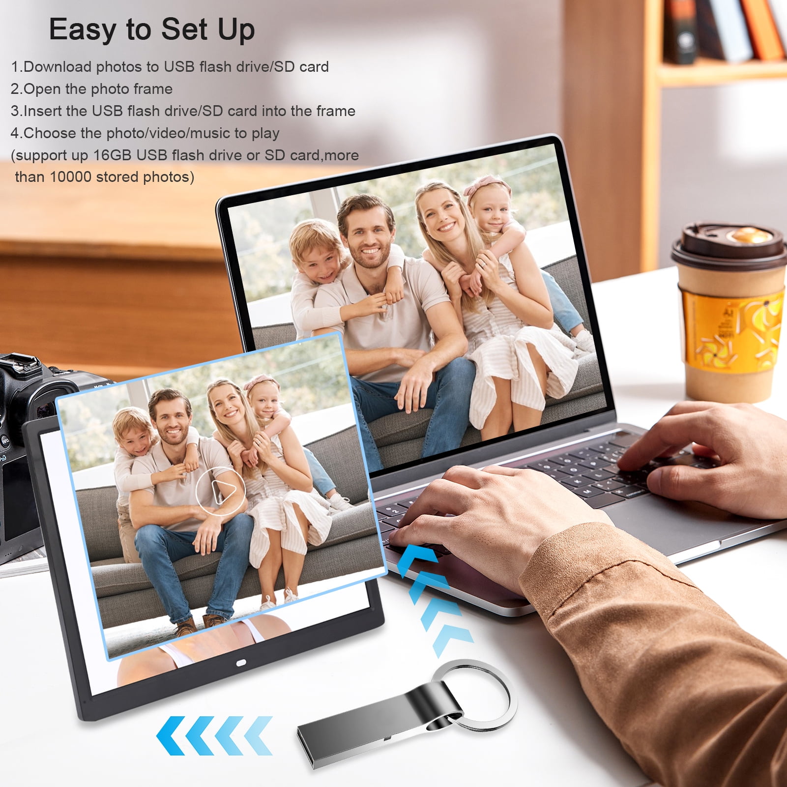 15" Digital Picture Frame with HD IPS Screen Digital Photo Frame Supports up to 16GB Storage Cards, Auto-Rotate, Tabletop & Wall-Mounted Digital Frame Supports Share Photos Video, Black - Image 10