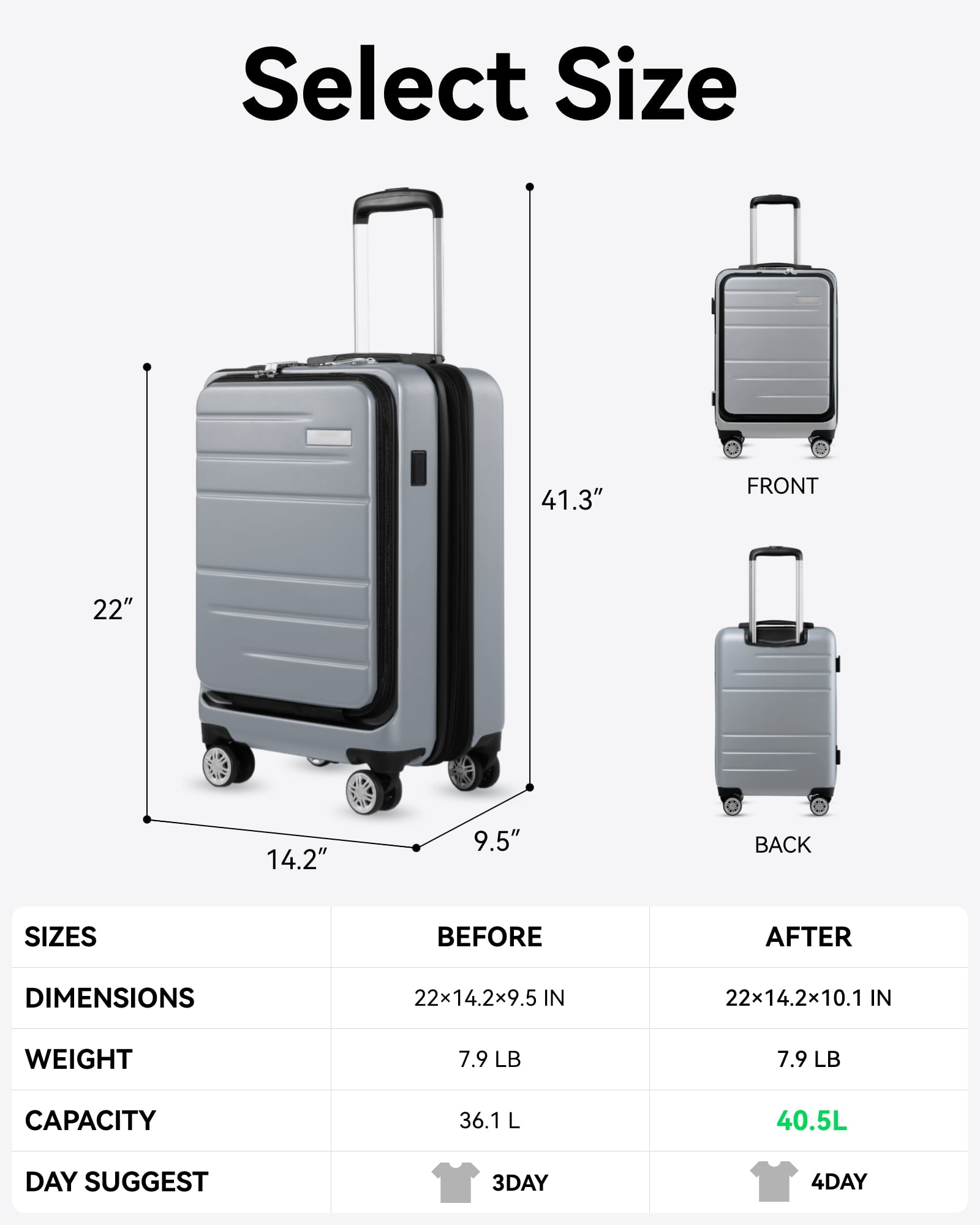 YOETEY Carry on Luggage,PC Expandable Hardside Luggage with Front Pocket USB Port for Adult 20 inch - Image 8
