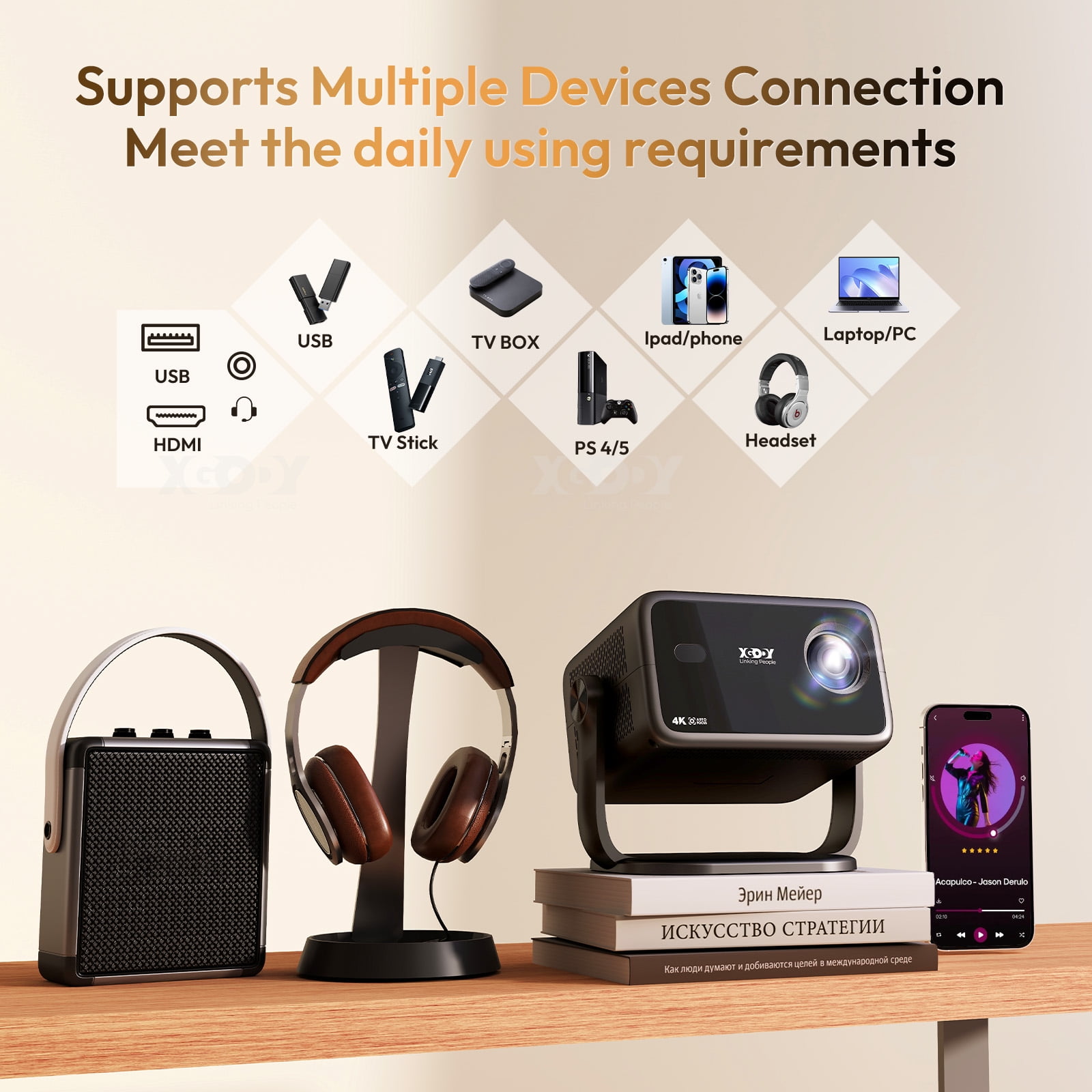 XGODY A6 Native 1080P Smart Projector with WiFi and Bluetooth, Auto-Focus & Rotatable Stand, Black, 1 Count - Image 12