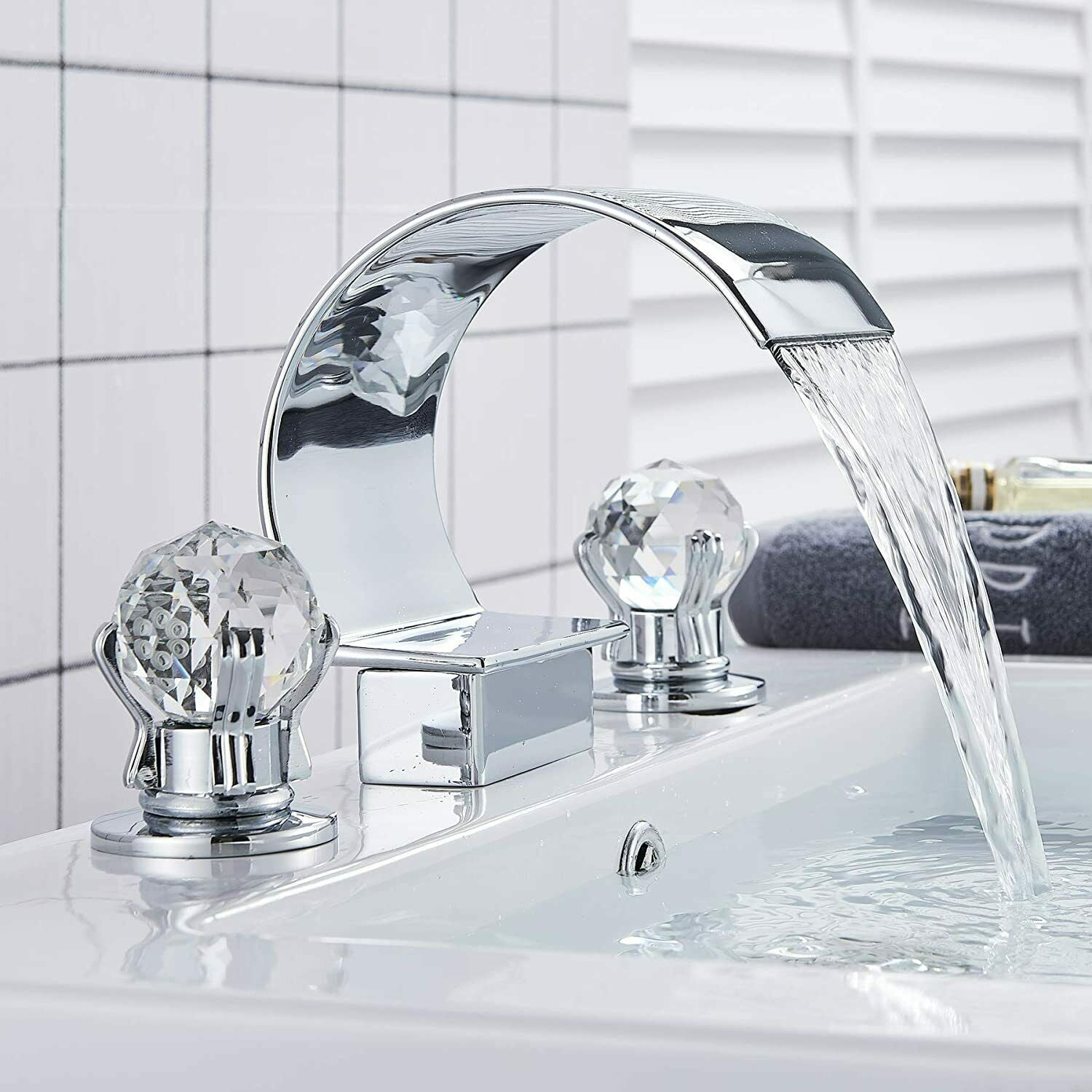 Widespread Bathroom Basin Faucet Crystal Handle Sink Mixer Tap Chrome Finish - Image 8