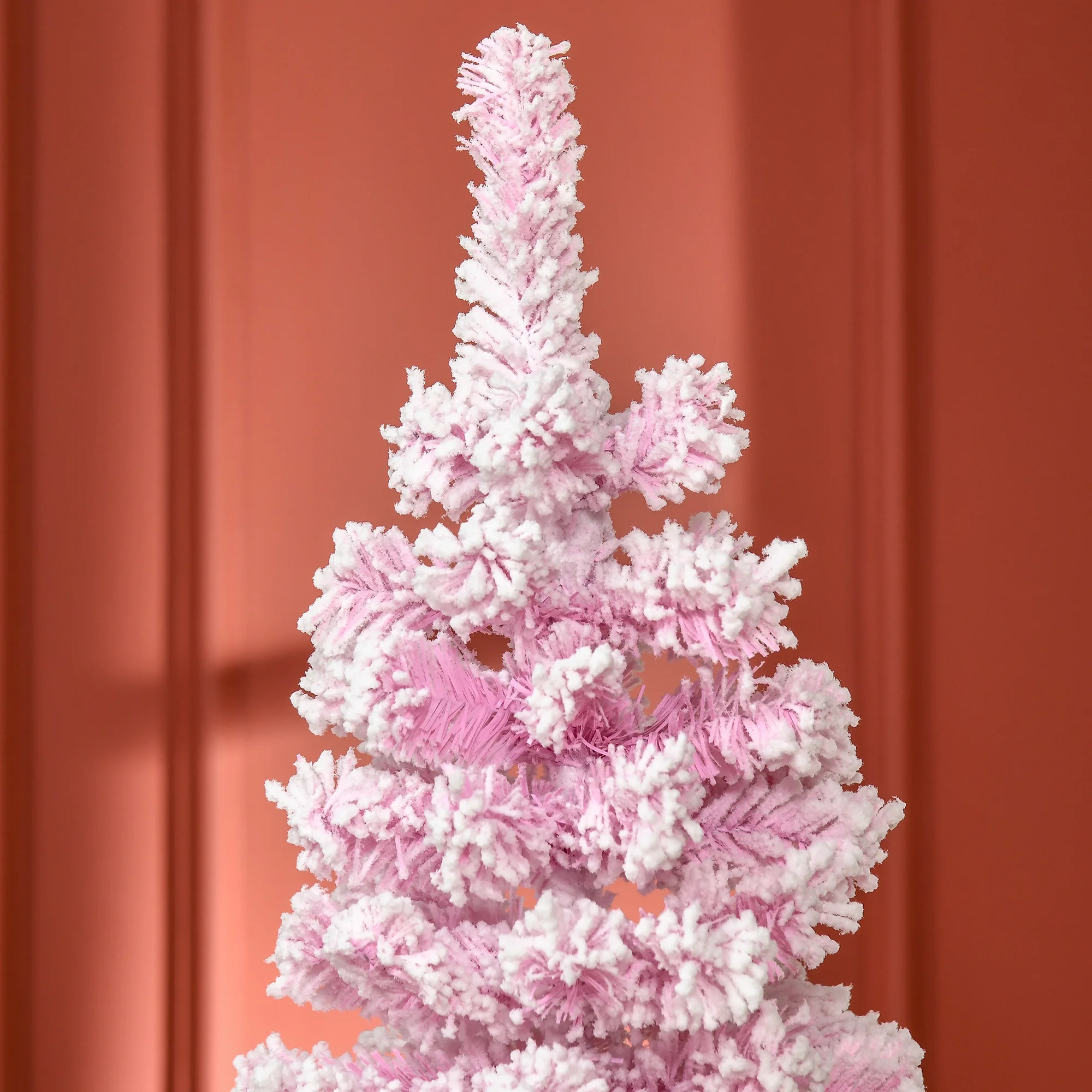 HOMCOM 6ft Tall Unlit Snow Flocked Artificial Christmas Tree Slim Pencil Xmas Tree with Pine Shape and Realistic Branches, Pink - Image 3