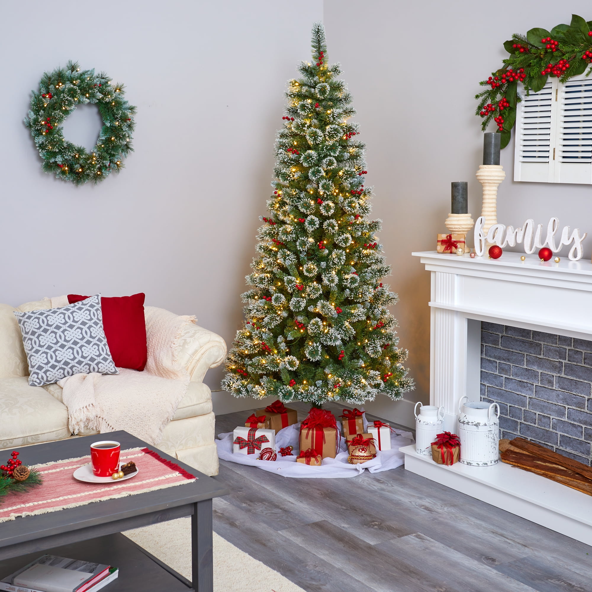 Nearly Natural 7' Green Frosted Artificial Christmas Tree with Berries Prelit 400 Clear LED Lights - Image 7