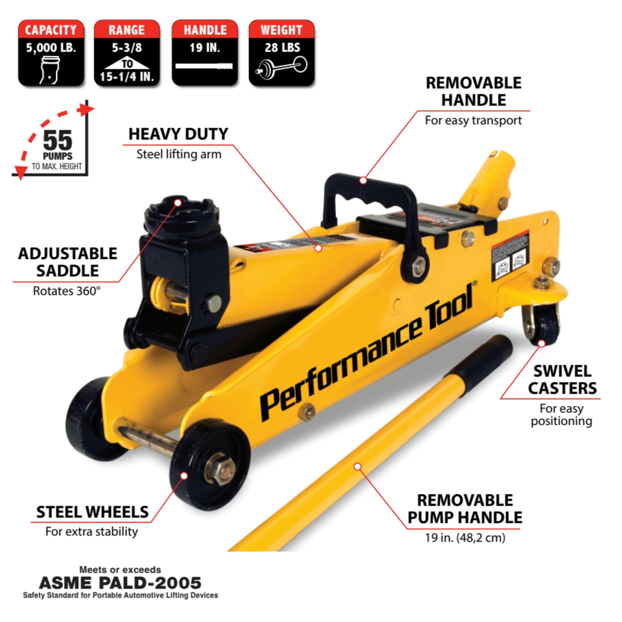 Performance Tool W1640 2-1/2 Ton Garage Jack, (5,000 lbs.) 5-15.5-Inch Lift, Swivel Casters, For Cars/Trucks - Image 3