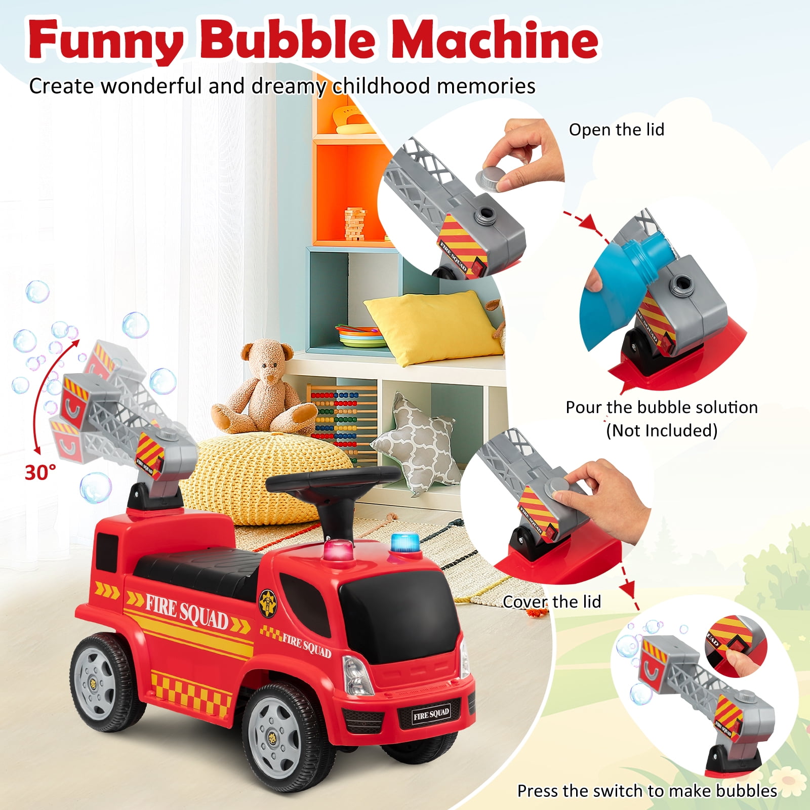 Costway Kids Ride On Fire Truck Foot-to-Floor Sliding Push Car w/ Music & Bubble Maker - Image 10