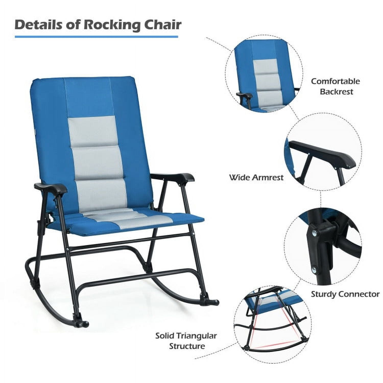 Canddidliike Foldable Rocking Padded Portable Camping Chair with Backrest and Armrest, Chair Rocking Seating for Porch,Backyard,Indoor and Garden, Blue - Image 7