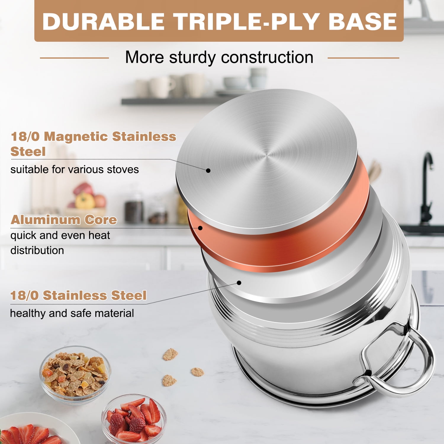 Walchoice 13-Piece Stainless Steel Cookware Set, Kitchen Pots and Pans Set with Glass Lid for Cooking, Induction & Dishwasher Safe, Silver - Image 4