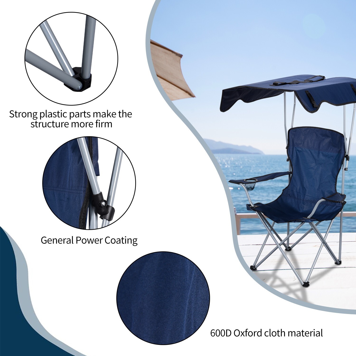 Camping Chair with Shade, Foldable Shade Beach Chair with Cup Holder for Outdoor, Camping, Beach and Patio (Blue) - Image 5