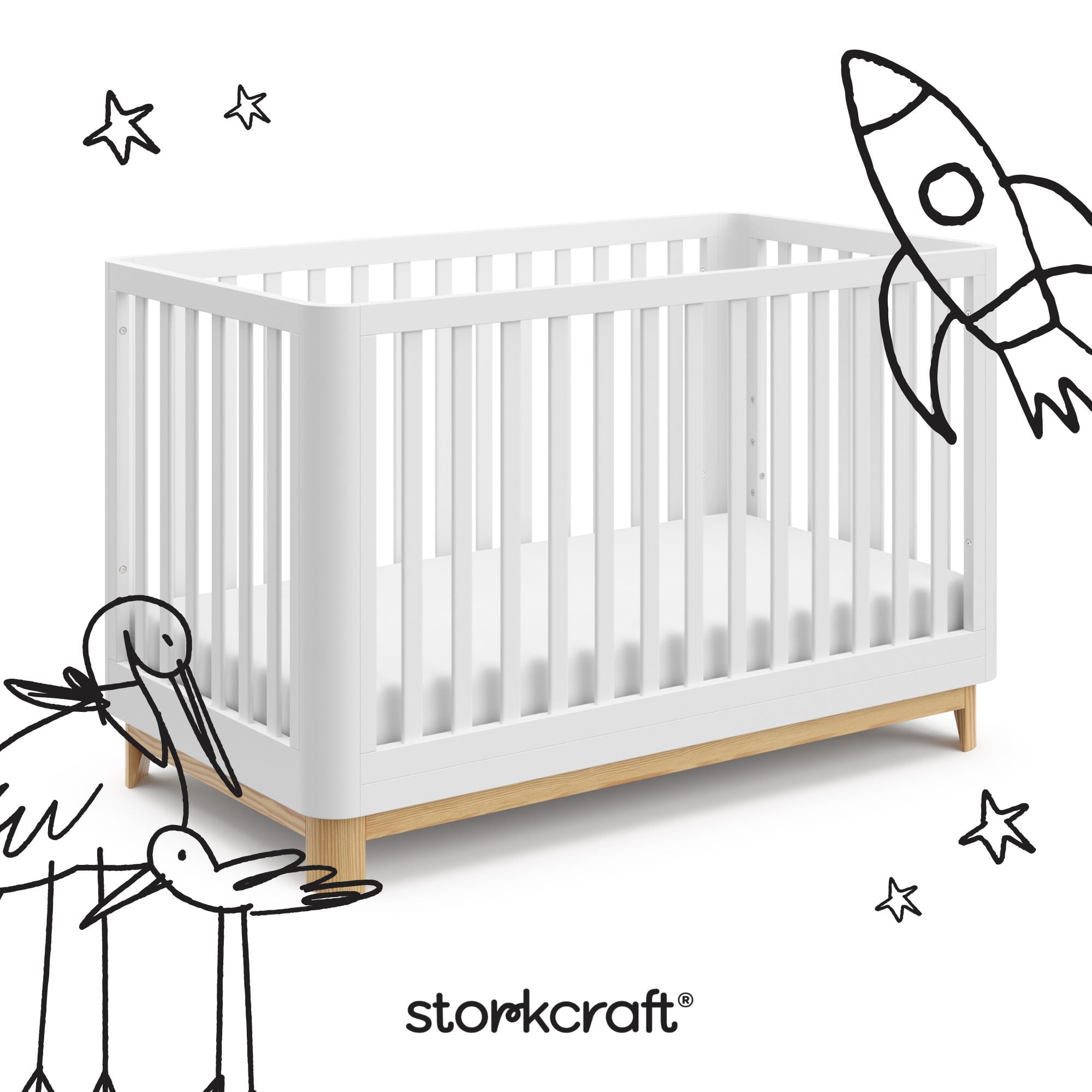 Storkcraft Santos 3-in-1 Convertible Baby Crib, White with Natural - Image 5