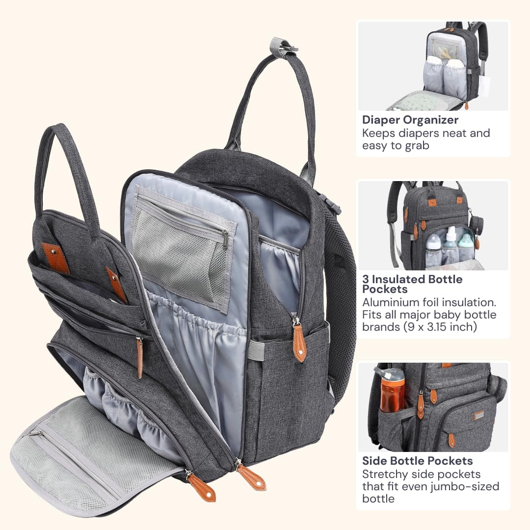 BabbleRoo Diaper Bag Backpack, Waterproof Travel Bag with Changing Pad, Original Baby Bag, Dark Gray - Image 5