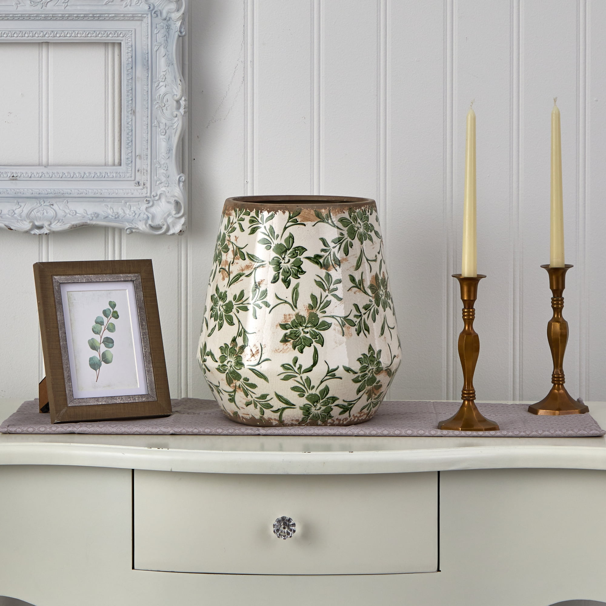 Nearly Natural 11.5" x 11.5" x 12" Tuscan Ceramic Green Scroll Planter - Image 3