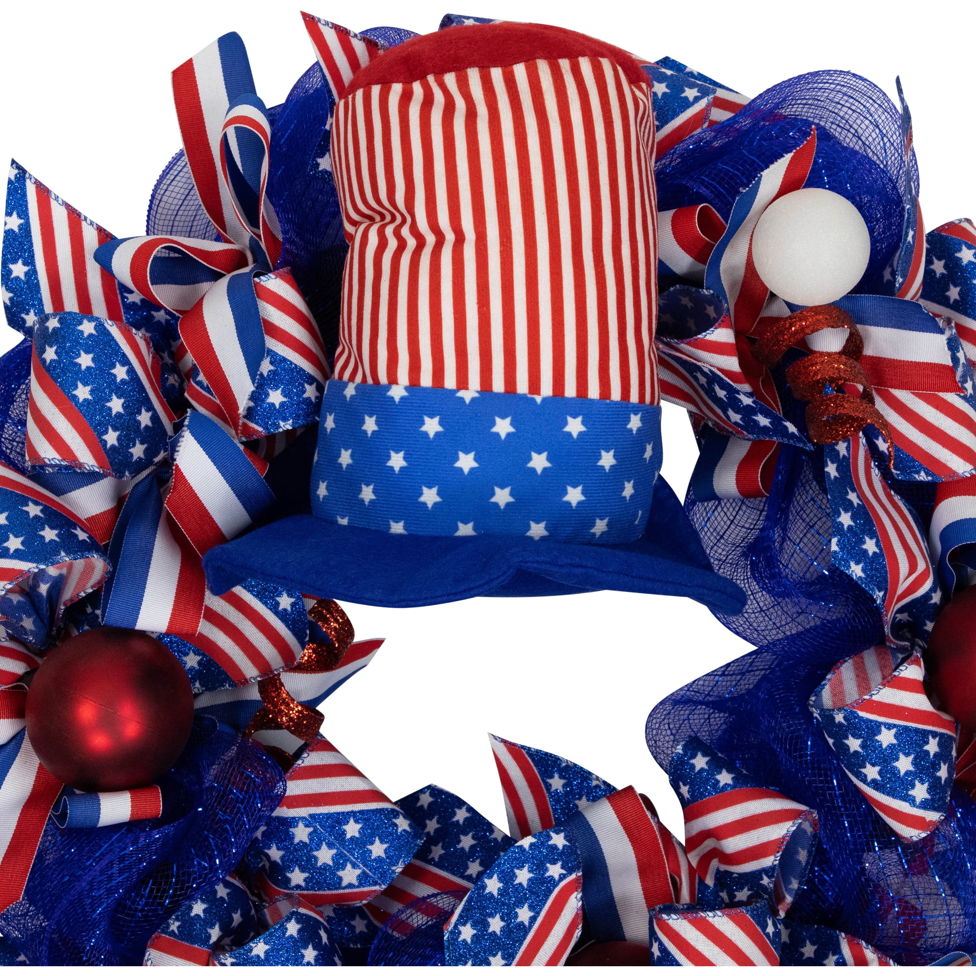 Northlight Patriotic Hat with Legs Deco Mesh Ribbon Wreath - 24" - Image 3
