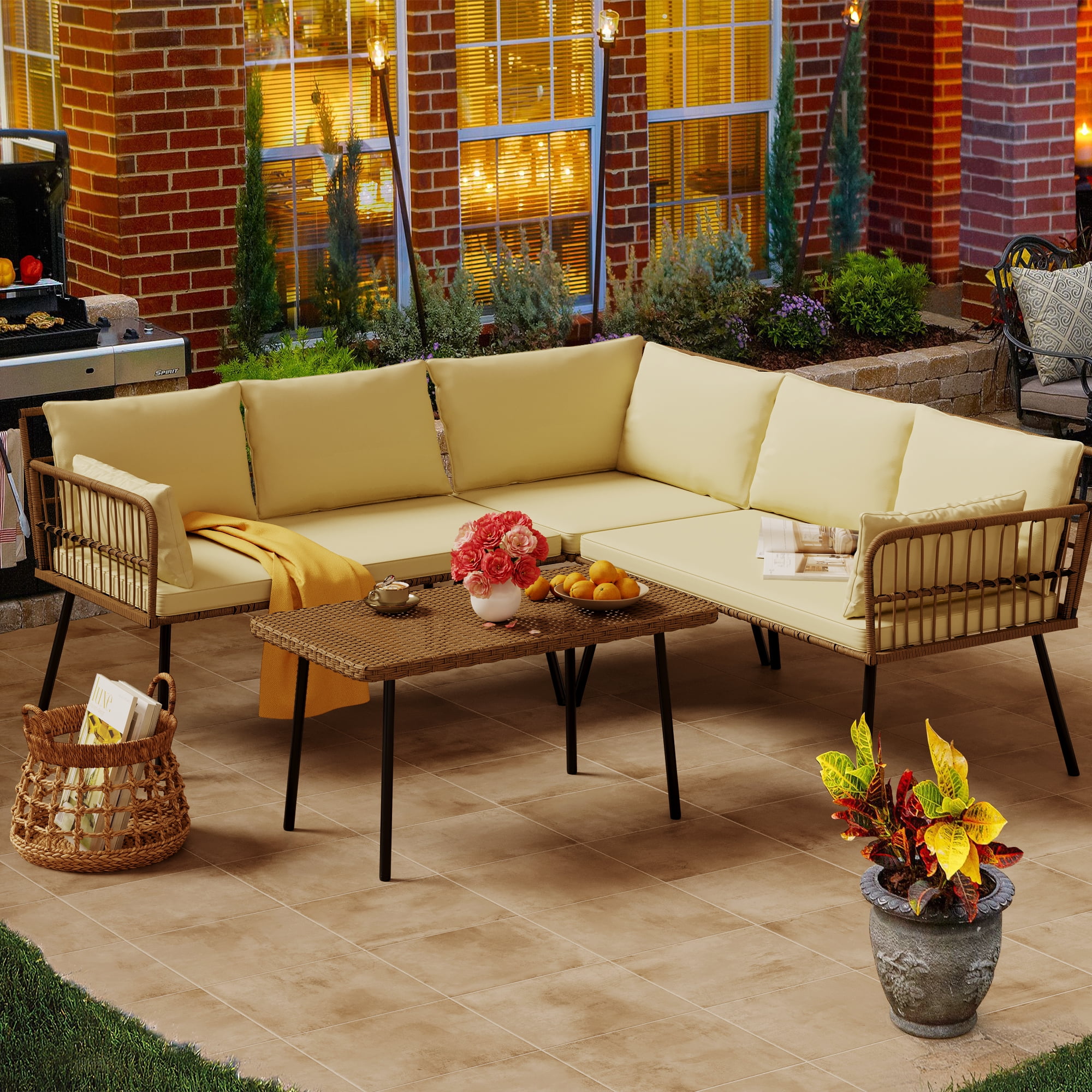 Dextrus 4 Pcs Patio Sofa set, Outdoor Boho Sectional Furniture L-Shaped Conversation Sofa set 5 Seats with Cushions and PE Rattan Side Coffee Table - Beige - Image 7