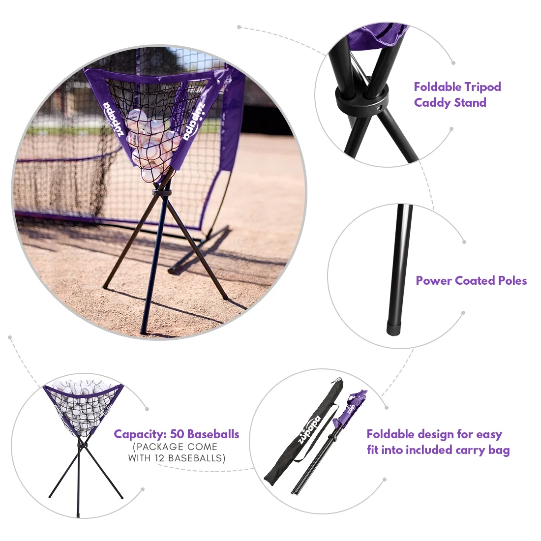 Zupapa 7 Ft. x7 Ft. DLX Baseball Protective Screens Softball Practice Net Tee Caddy 12 Pack Baseballs - Image 3