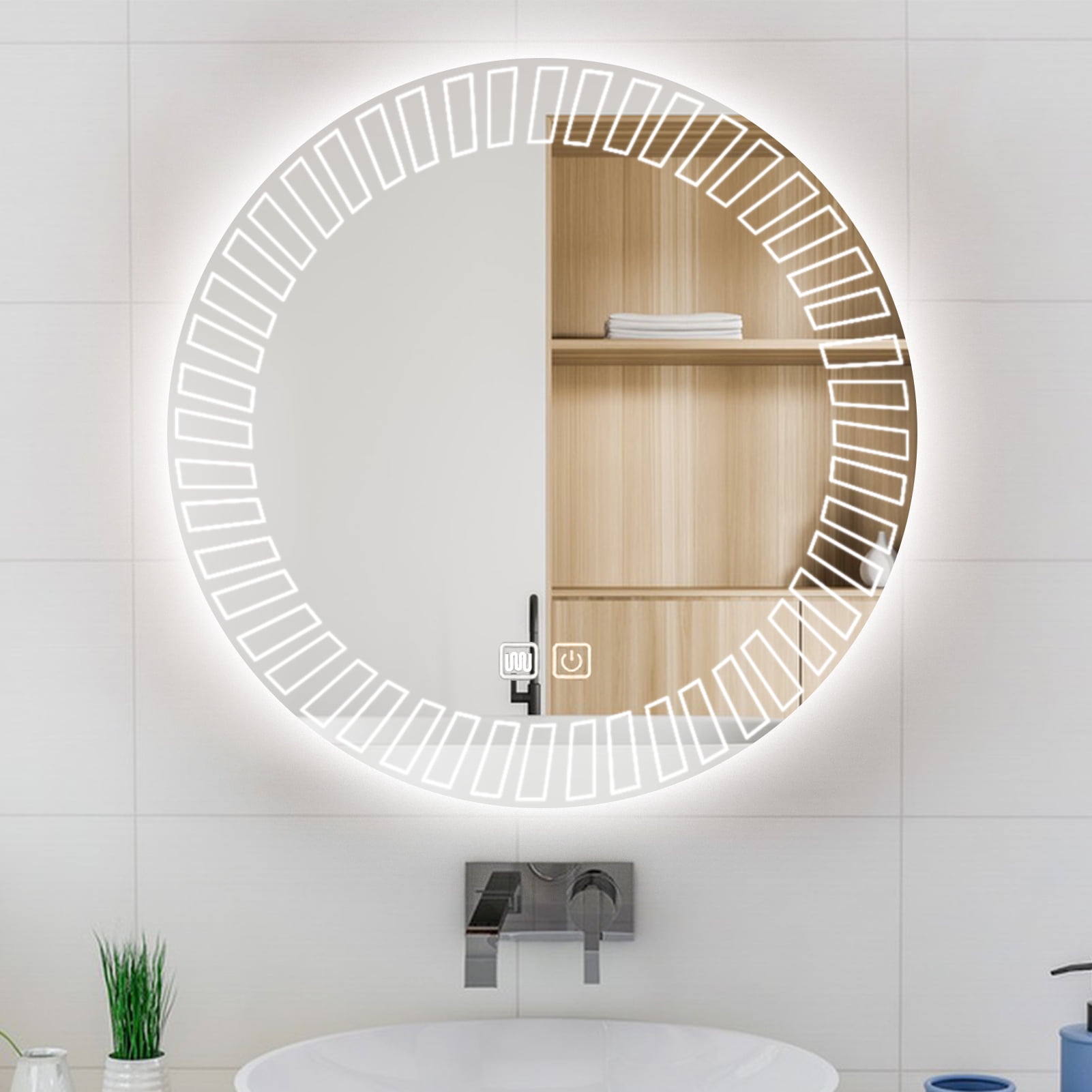 YOSHOOT LED Round Bathroom Vanity Mirror with Lights, 20" Dimmable Circle Makeup Mirror, 3 Color Lighting Modes & Touch Screen, Wall Mounted Anti-Fog Frameless Illuminated Mirror, F - Image 3