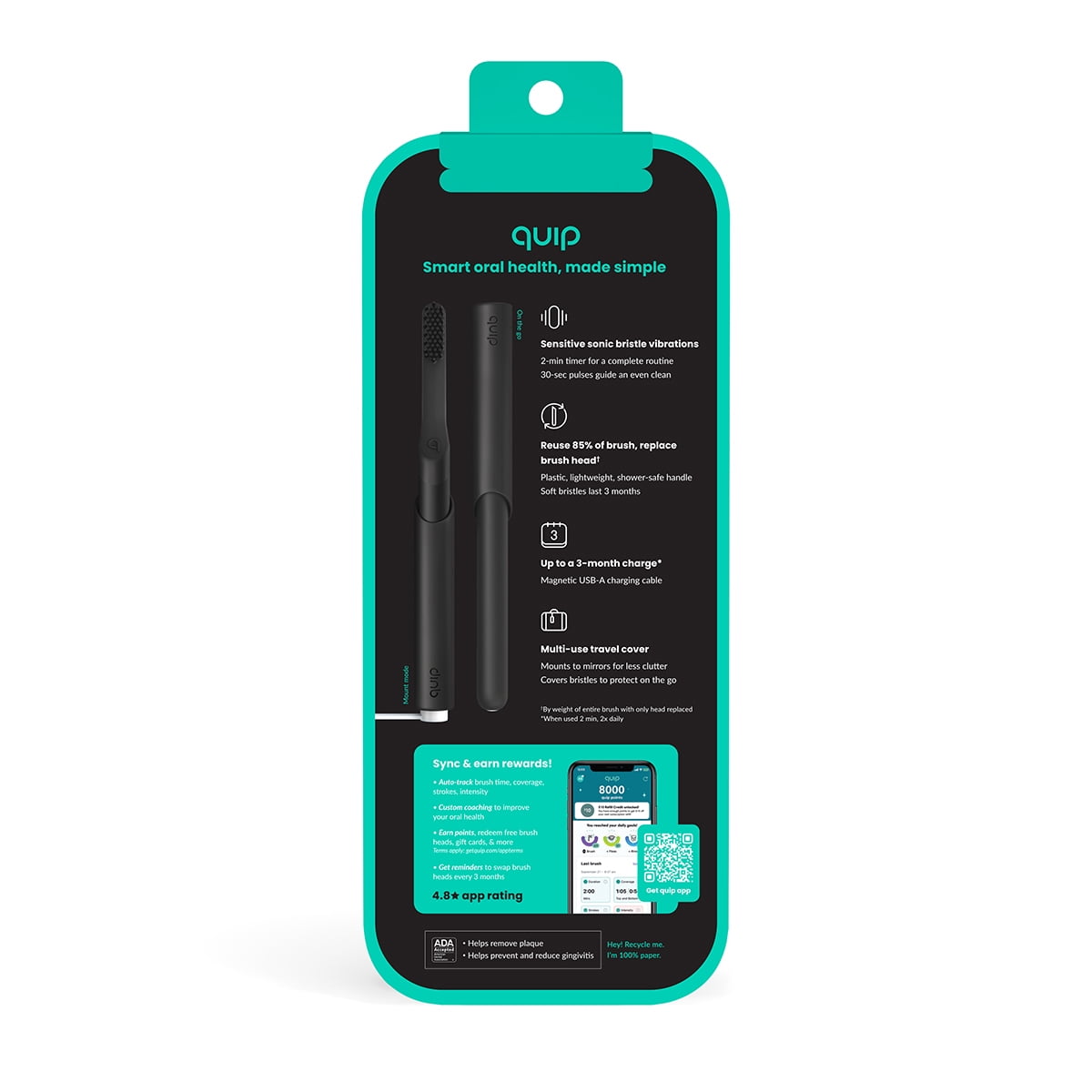 Quip Adult All-Black Plastic Full Head Smart Rechargeable Electric Toothbrush - Image 9