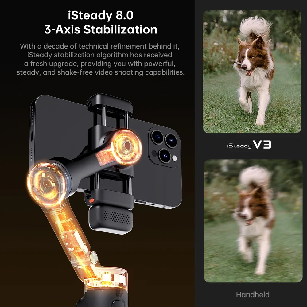 Hohem iSteady V3 Gimbal Stabilizer for Smartphone, Phone Gimbal with Magnetic AI Tracker, Built-in Extension Rod, Tripod, Fill Light, Phone Stabilizer for Video Recording, YouTube, White - Image 6