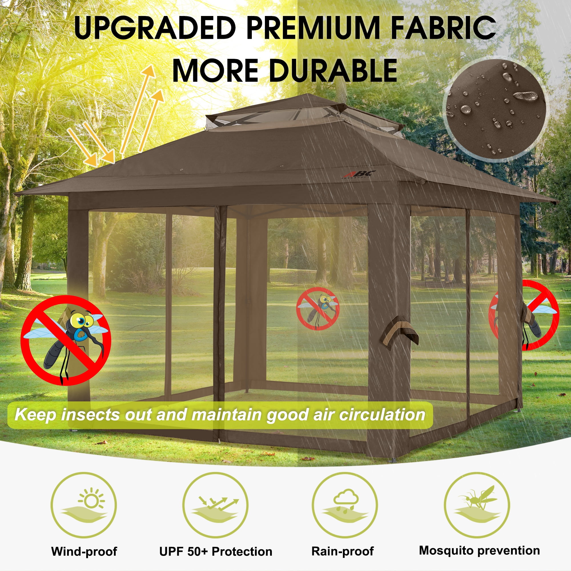 ABCCANOPY 13'x13' Gazebo Tent Outdoor Pop up Gazebo Canopy Shelter with Mosquito Netting, Brown - Image 3