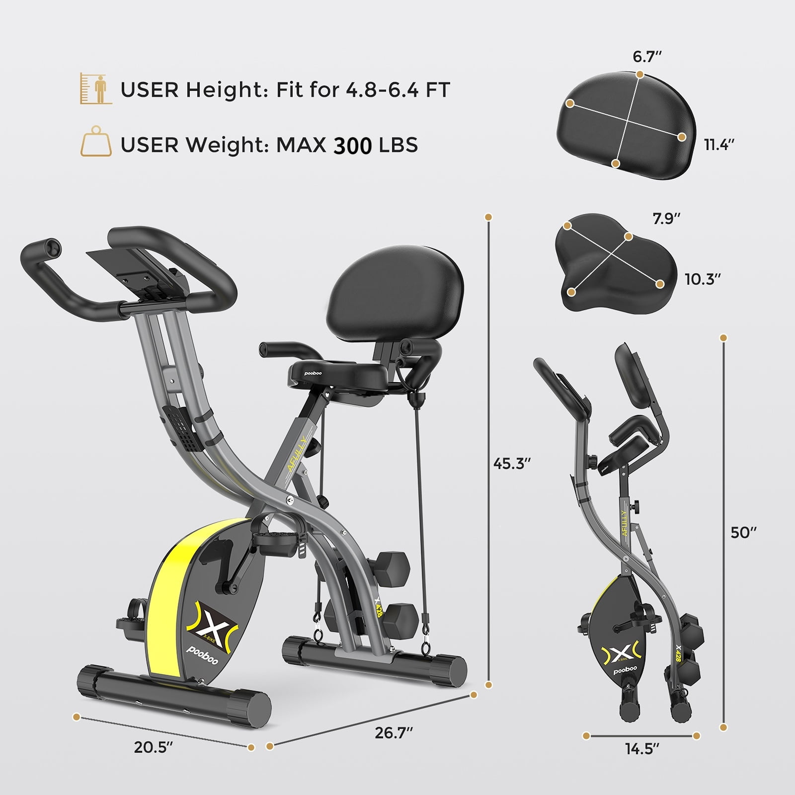 Pooboo Folding Exercise Bike Indoor Stationary Cycling Bicycle Upright Magnetic Workout Bicycle With Dumbbells and Resitance Bands Maximum Weight 300LBS - Image 9