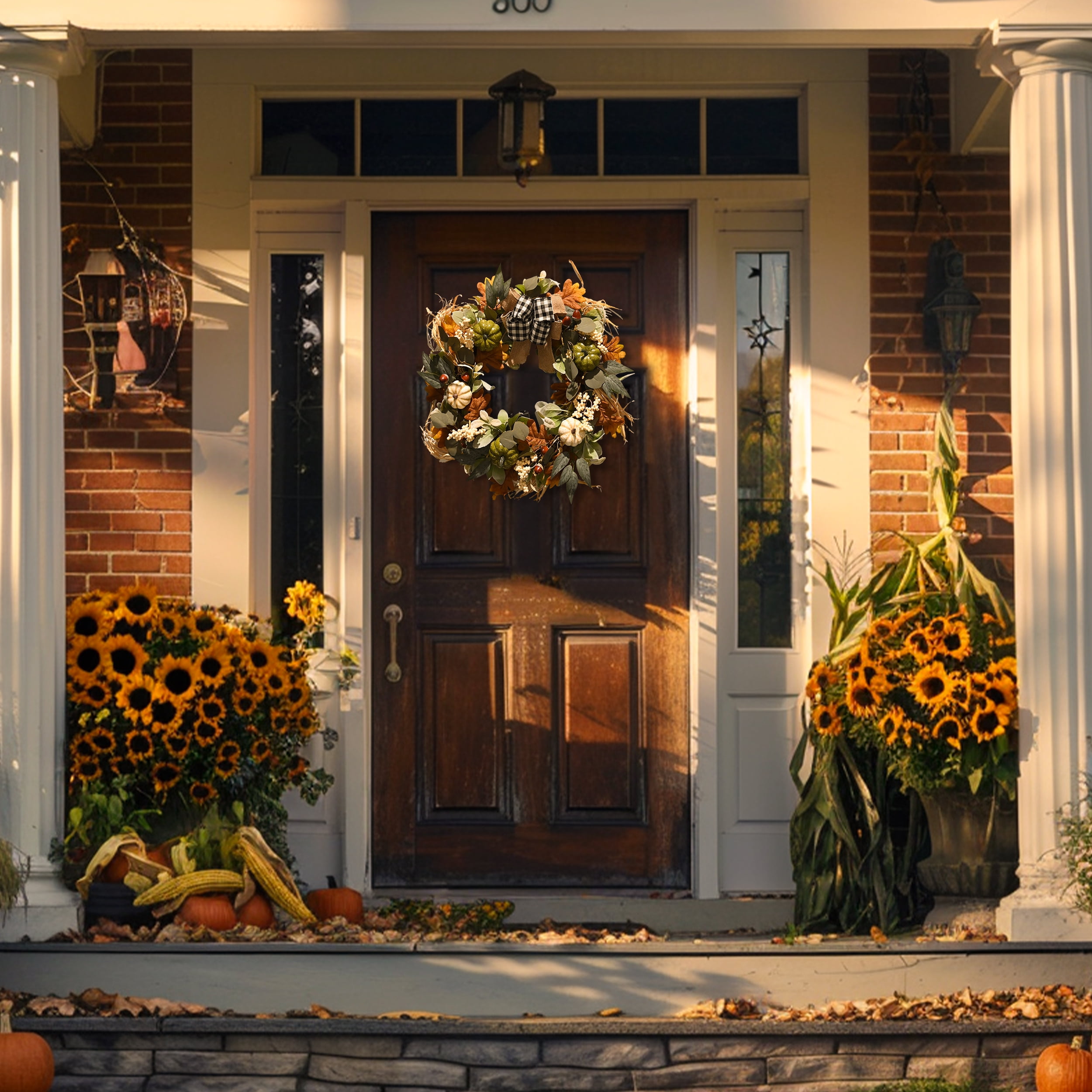 Valery Madelyn 24 inches Pre-Lit Fall Wreath Lighted White Green Thanksgiving Wreath with Pumpkin & Bow for Front Door Fireplace - Image 3