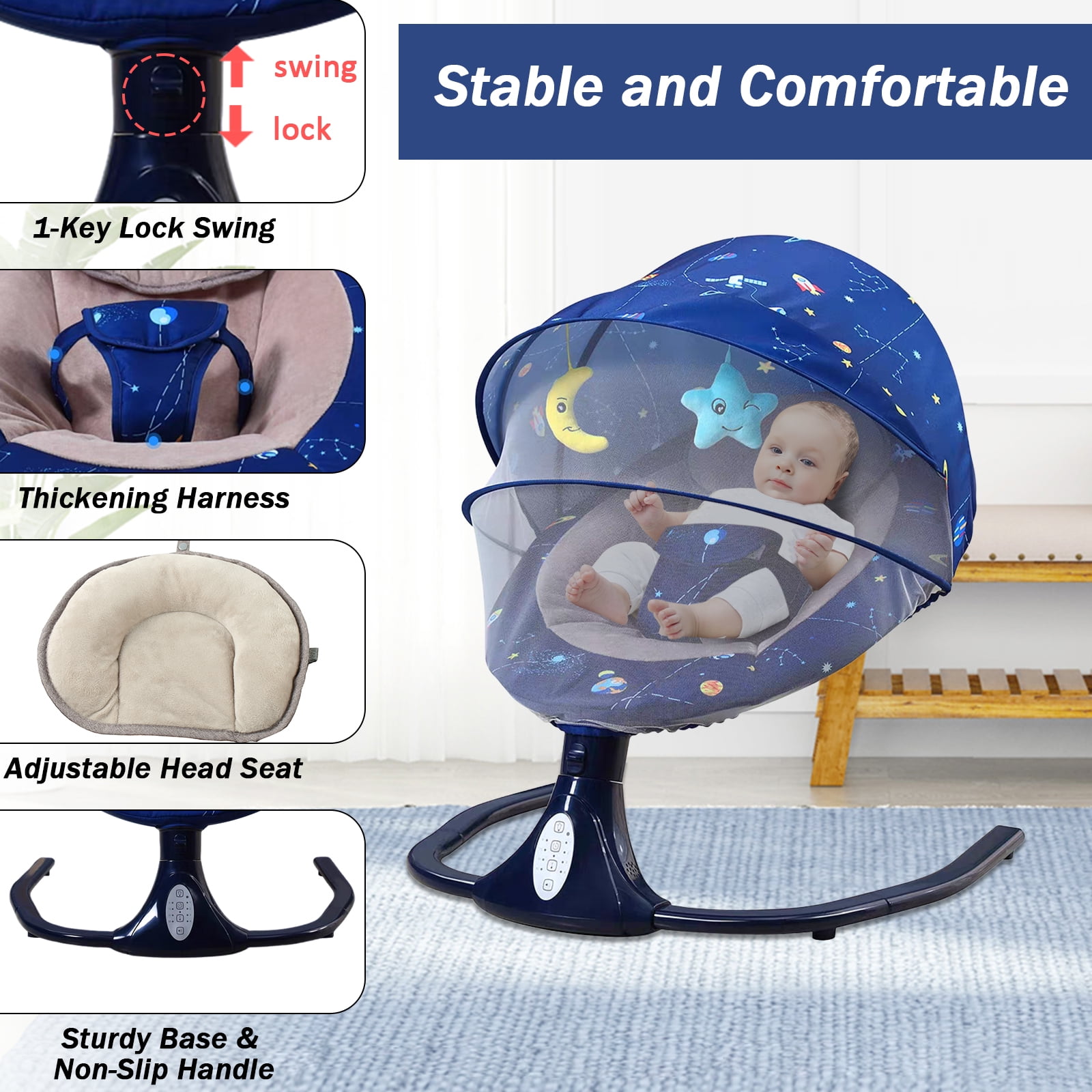 YYW Electric Baby Swing for Infants - Remote Control, Bluetooth Music, 4 Speed & Timing Setting, Blue - Image 10