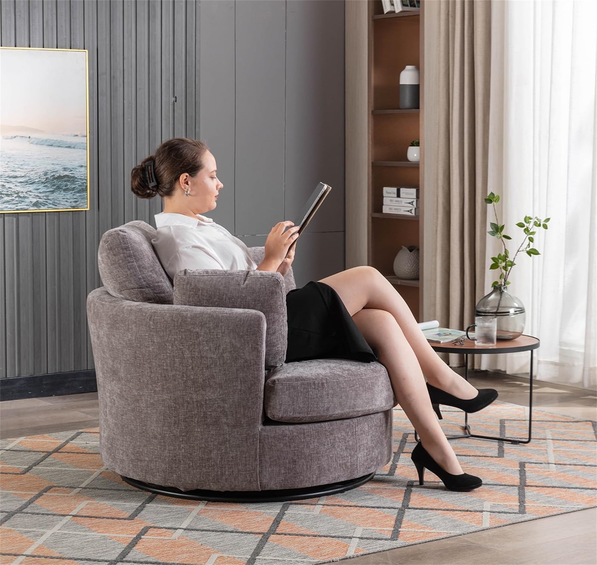 Aukfa 42" Oversized Swivel Accent Chair Barrel Chair w/ 3 Pillows for Living Room, Chenille, Gray - Image 13