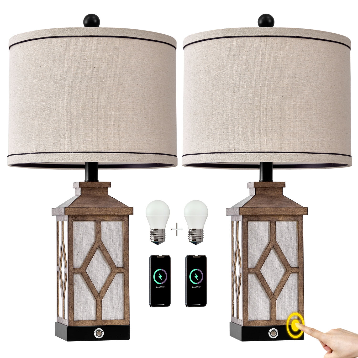 Yokila 23.5'' Touch Control Table Lamp Set of 2 with USB Ports 3-Way Dimmable Farmhouse Plastic Bedside Nightstand Lamps for Living Room Bedroom(2 Bulbs Included) - Image 3