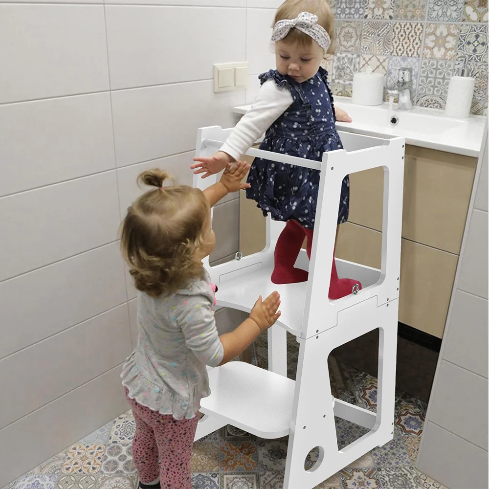 Zzbiqs Kids Kitchen Step Stool with Safety Rail, 2 in 1 Convertible Wooden Toddler Learning Stool Helper Standing Tower for Kitchen Counter, Bathroom, Toilet , White - Image 3