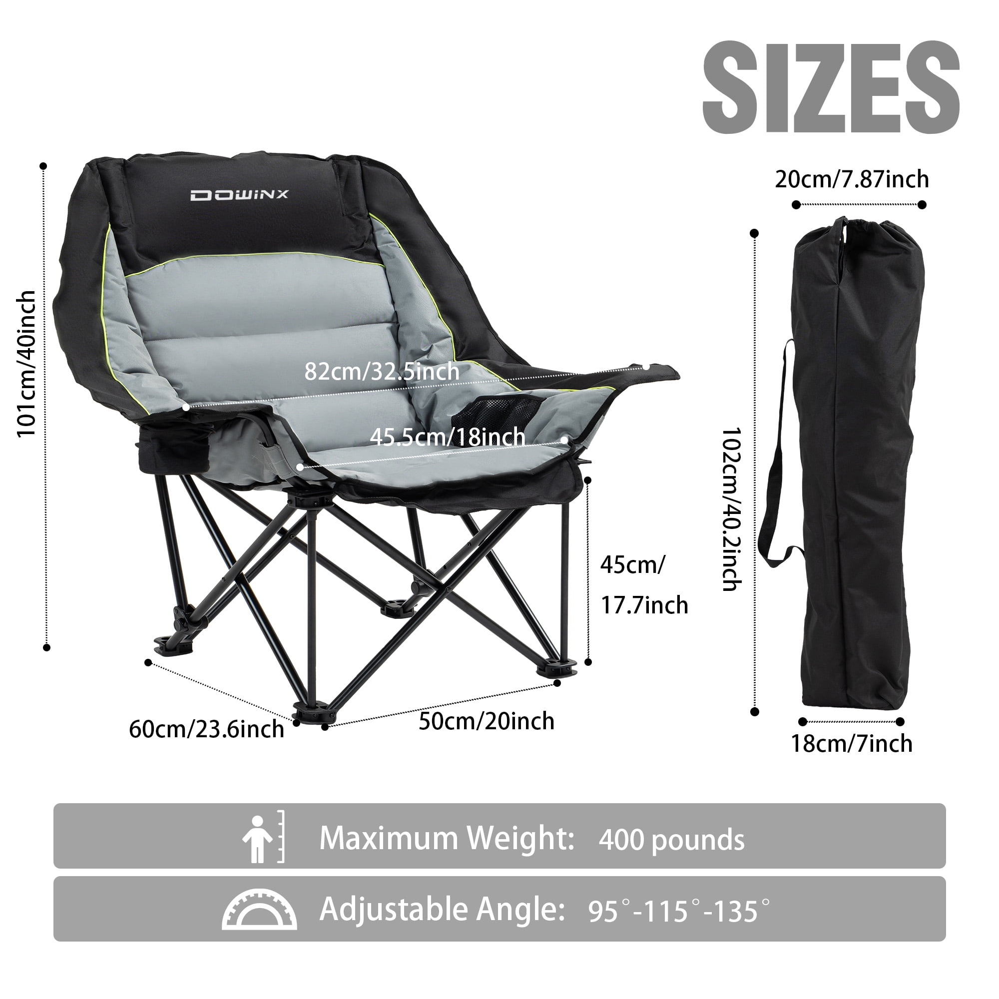 Dowinx Oversized Extra Large Camping Chair for Adults, Lawn Chairs, Folding, 3 Levels Adjustable Padded Camping Chair, Heavy-Duty 600D Oxford Cloth, with Cup Holder, 400 LBS, Black and Grey - Image 8