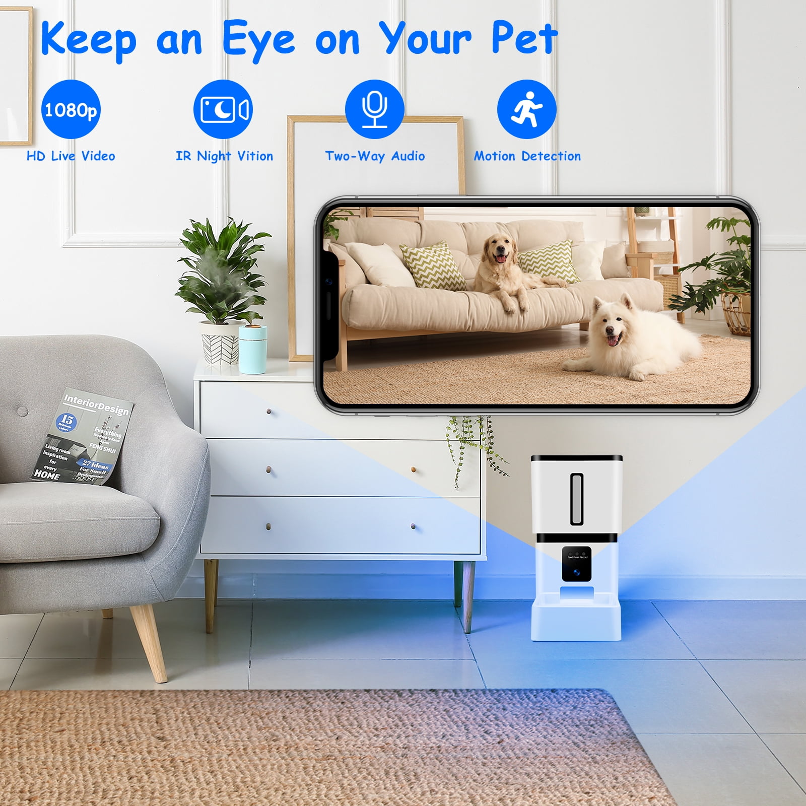 Tovendor Automatic Pet Feeder with 1080P Camera, 8L Large Food Dispenser for pet and dog, 5G WiFi Connect 2-Way Audio APP Control Pet Timer Feeder - Image 5