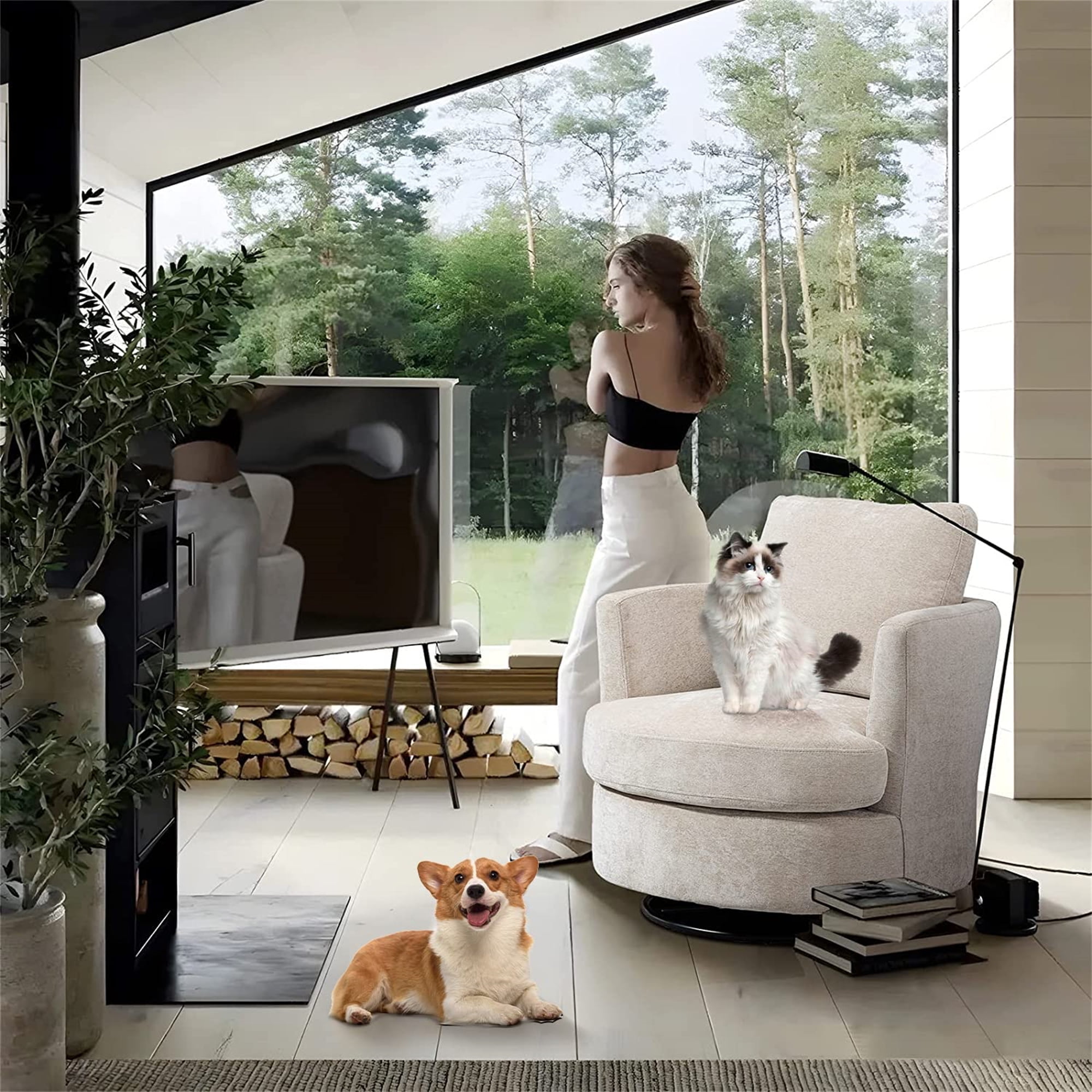 Aukfa 32" Wide Swivel Barrel Chair Accent Chair with Pillow for Living Room Bedroom, Chenille, Beige - Image 10