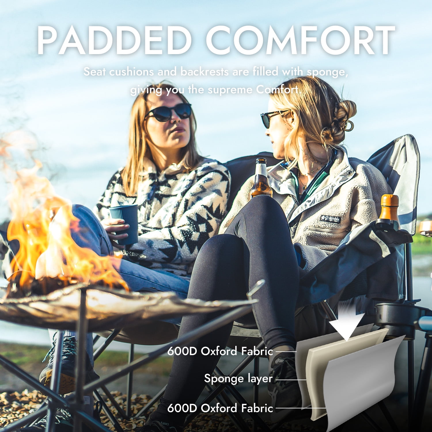 Dowinx Double Camping Chair Loveseat, Portable Folding Outdoor Lawn Chair with Padded Seats, Armrests, Side Pockets, 440lbs Capacity for Beach, Patio, Picnic - Gray PRO - Image 6