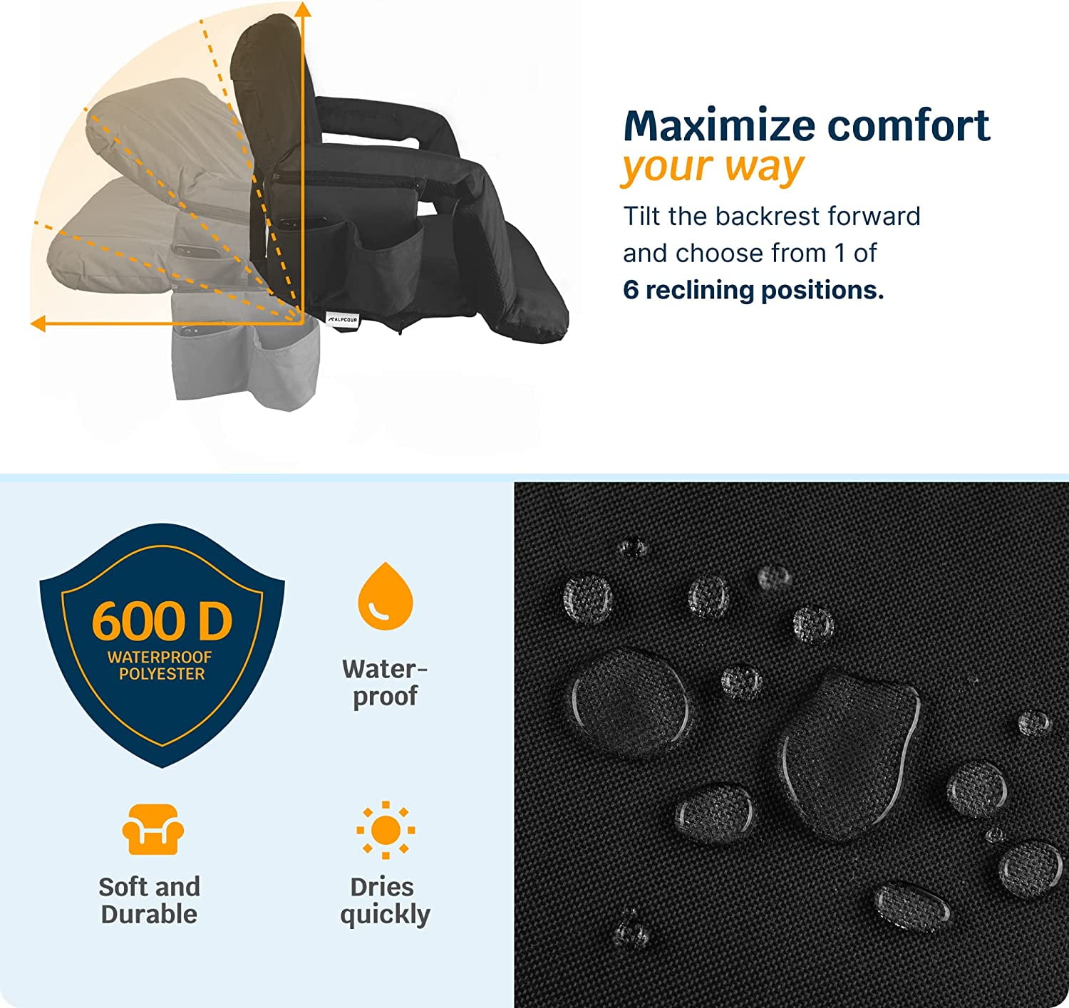 Alpcour X-Wide Heated Reclining Stadium Seat - Extra Thick Waterproof Chair with Wide Back Support - Black - Image 9