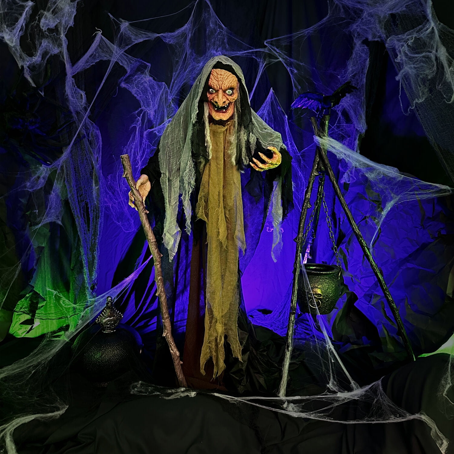 Haunted Hill Farm Life-Size 5.2 ft Poseable Witch with Lights and Sound, Indoor/Covered Outdoor Halloween Decoration, HHWITCH-13FLSA - Image 9
