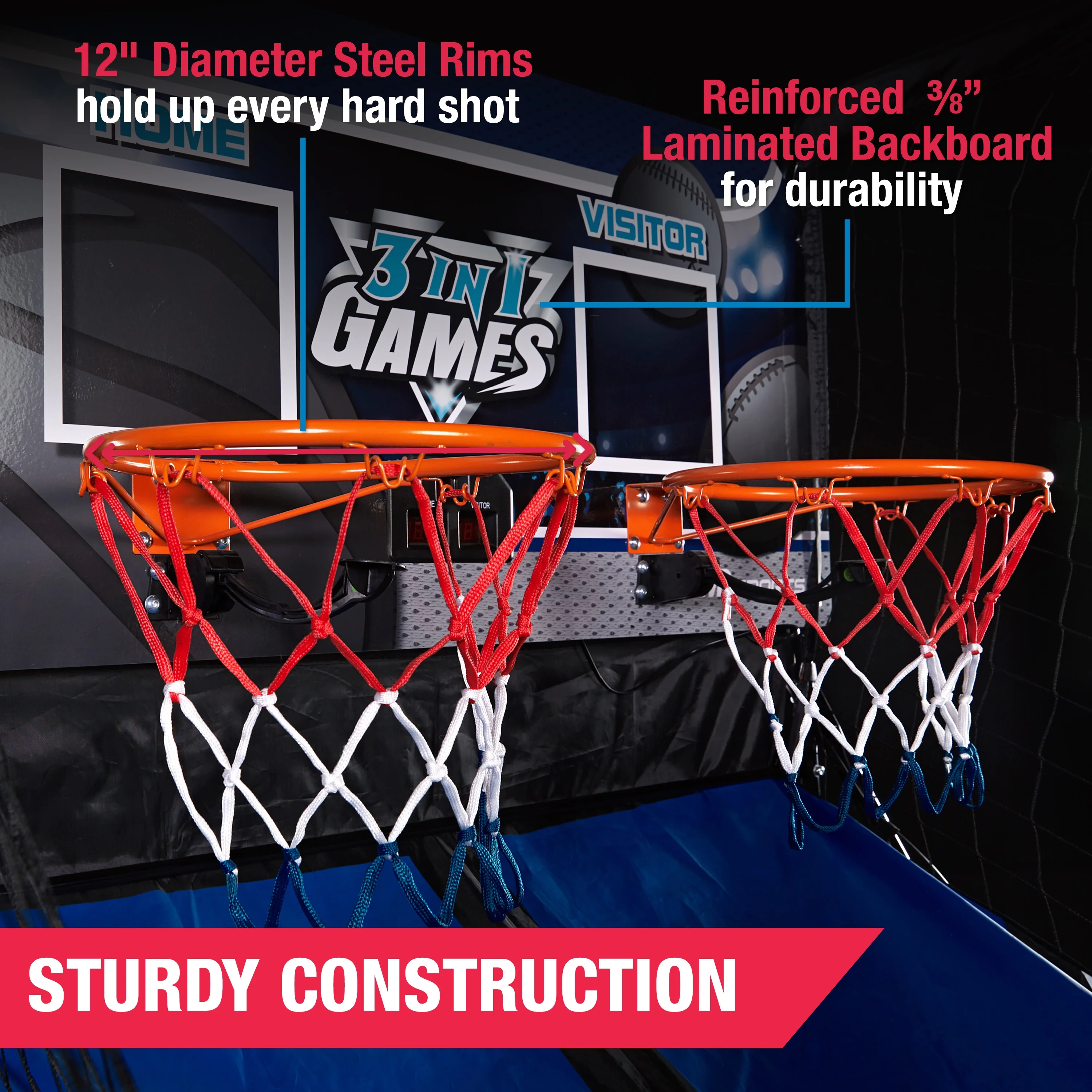 3-in-1 Arcade Basketball Combo Game, Football Baseball Indoor Sports Game with LED Electronic Scoring, by MD Sports - Image 3