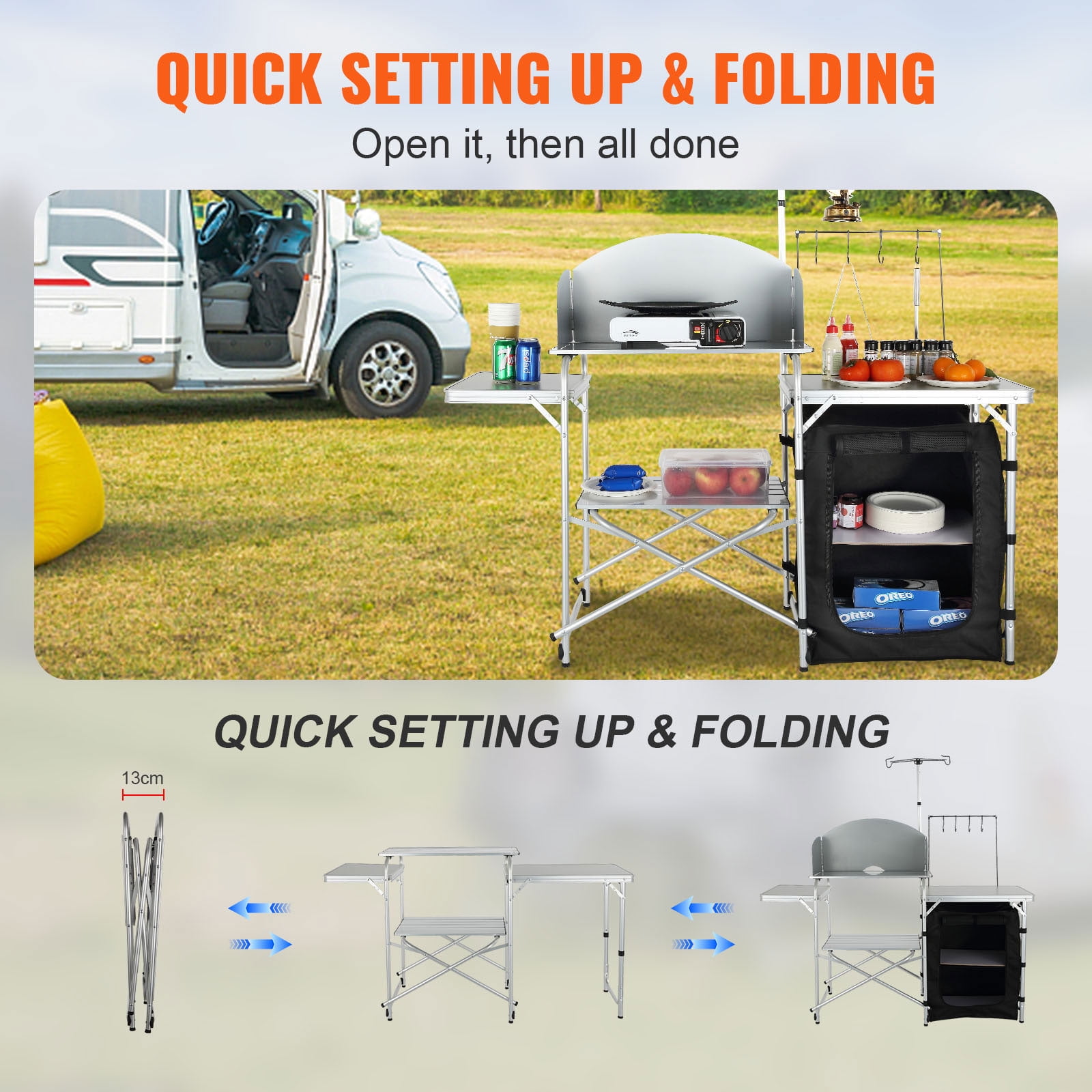 VEVOR Camping Kitchen Table Folding Portable Cook Table 1 Cupboard & Windscreen - Image 8