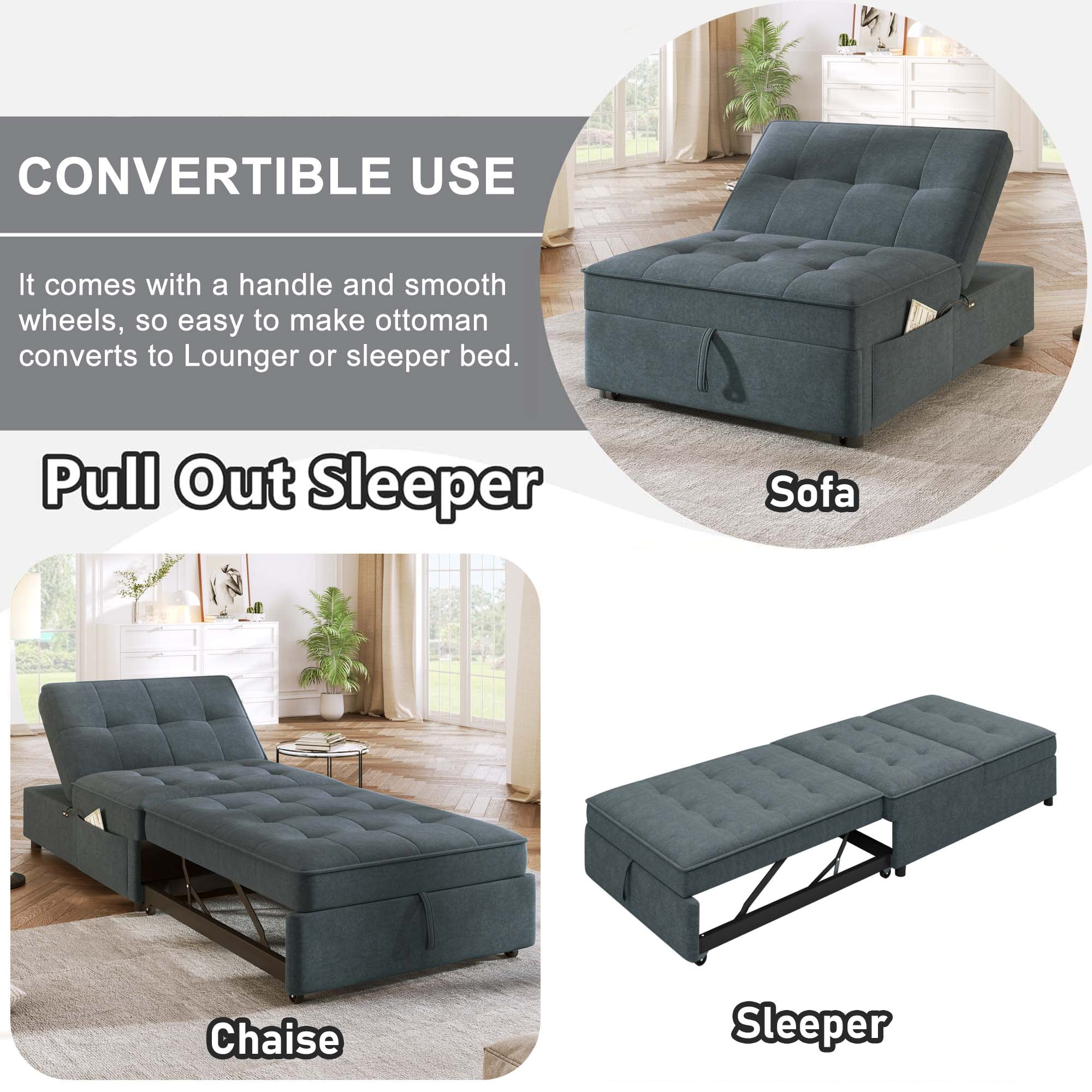 Aukfa Convertible Sleeper Sofa Chair Bed, 3-in-1 Pull Out Sleeper Chair with USB Port and Pocket for Living Room - Gray - Image 3