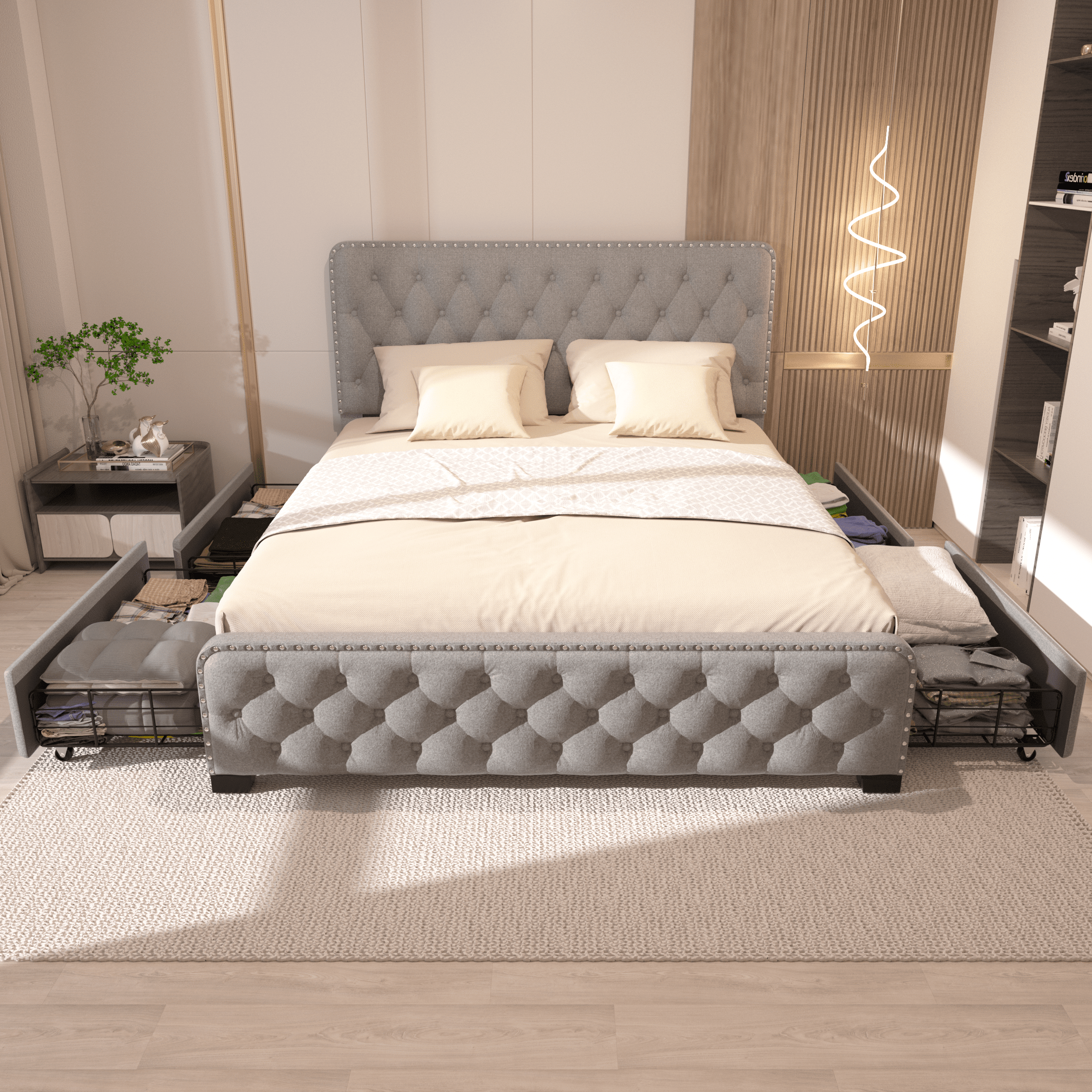 TrumanPick Queen Size 4 Drawers Bed Frame with Adjustable Upholstered Button Headboard, Adult, Grey - Image 6