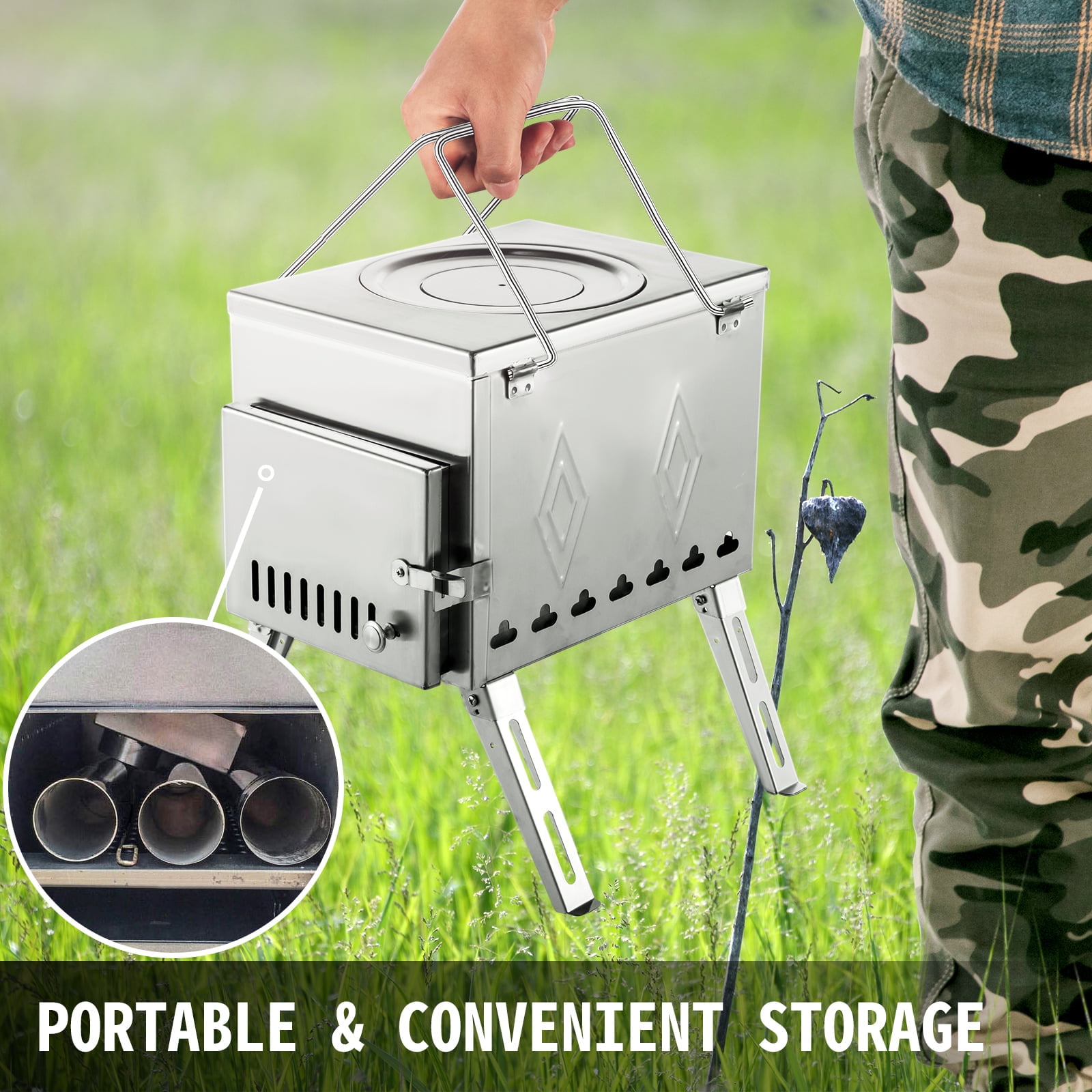VEVOR Tent Wood Stove 17.5x14.7x10.6 inch, Camping Wood Stove 304 Stainless Steel with Folding Pipe, Portable Wood Stove 95.7 inch Total Height for Camping, Tent Heating, Hunting, Outdoor Cooking - Image 7