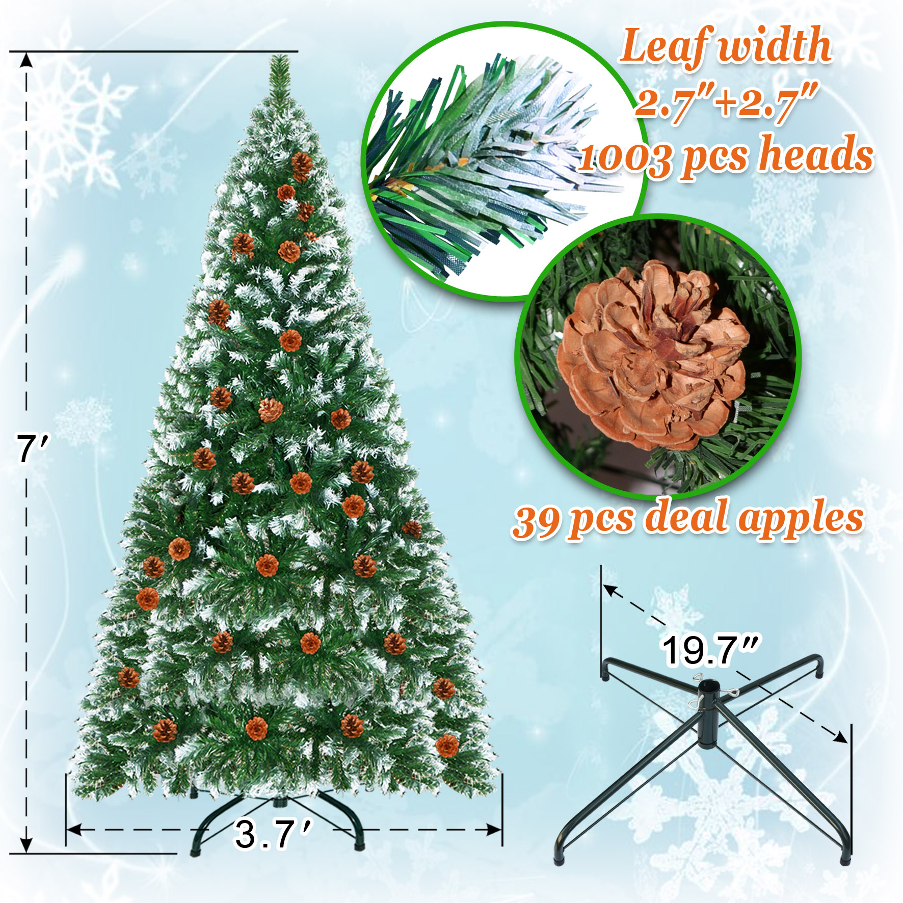 Sunny Snow Tipped Christmas Tree with Pine Cones and Steel Stand -Unlit (7' with 1003 Tips and 39 pinecones) - Image 10
