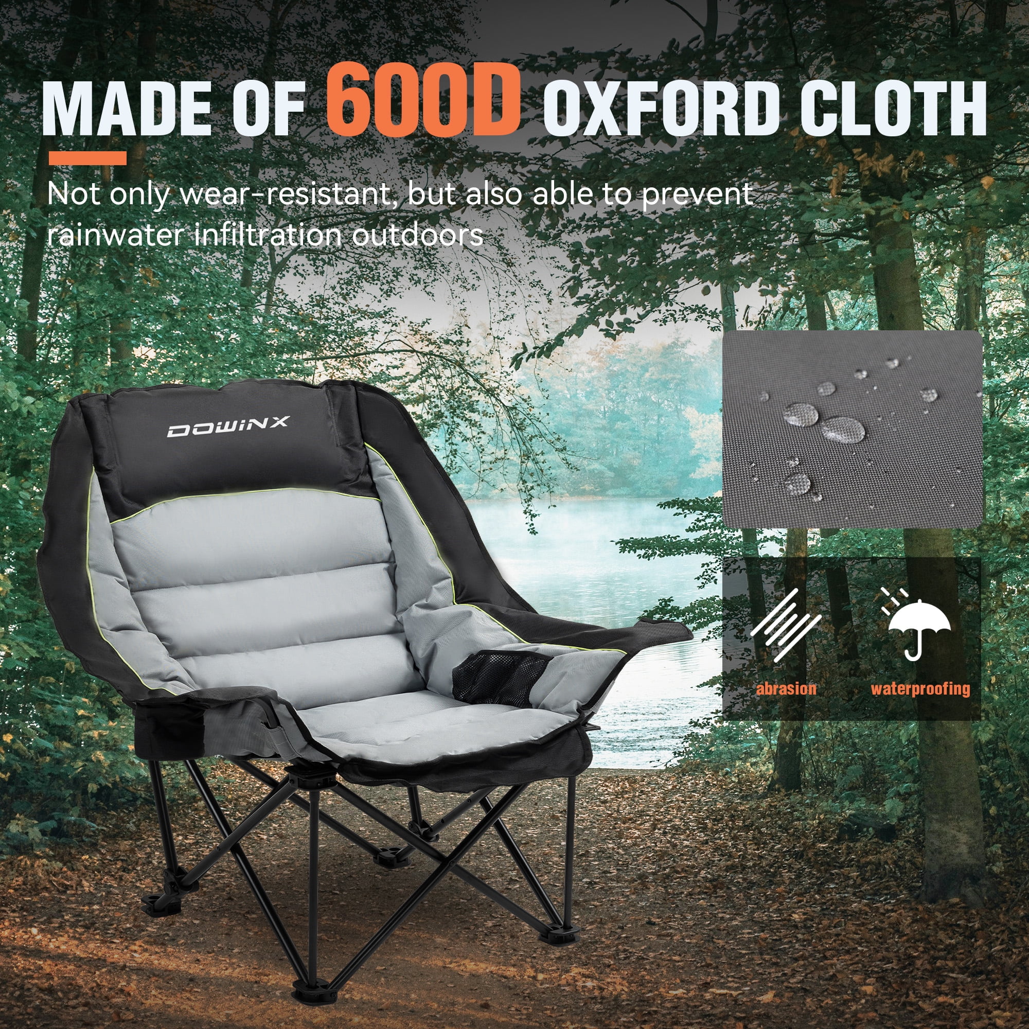 Dowinx Oversized Extra Large Camping Chair for Adults, Lawn Chairs, Folding, 3 Levels Adjustable Padded Camping Chair, Heavy-Duty 600D Oxford Cloth, with Cup Holder, 400 LBS, Black and Grey - Image 4