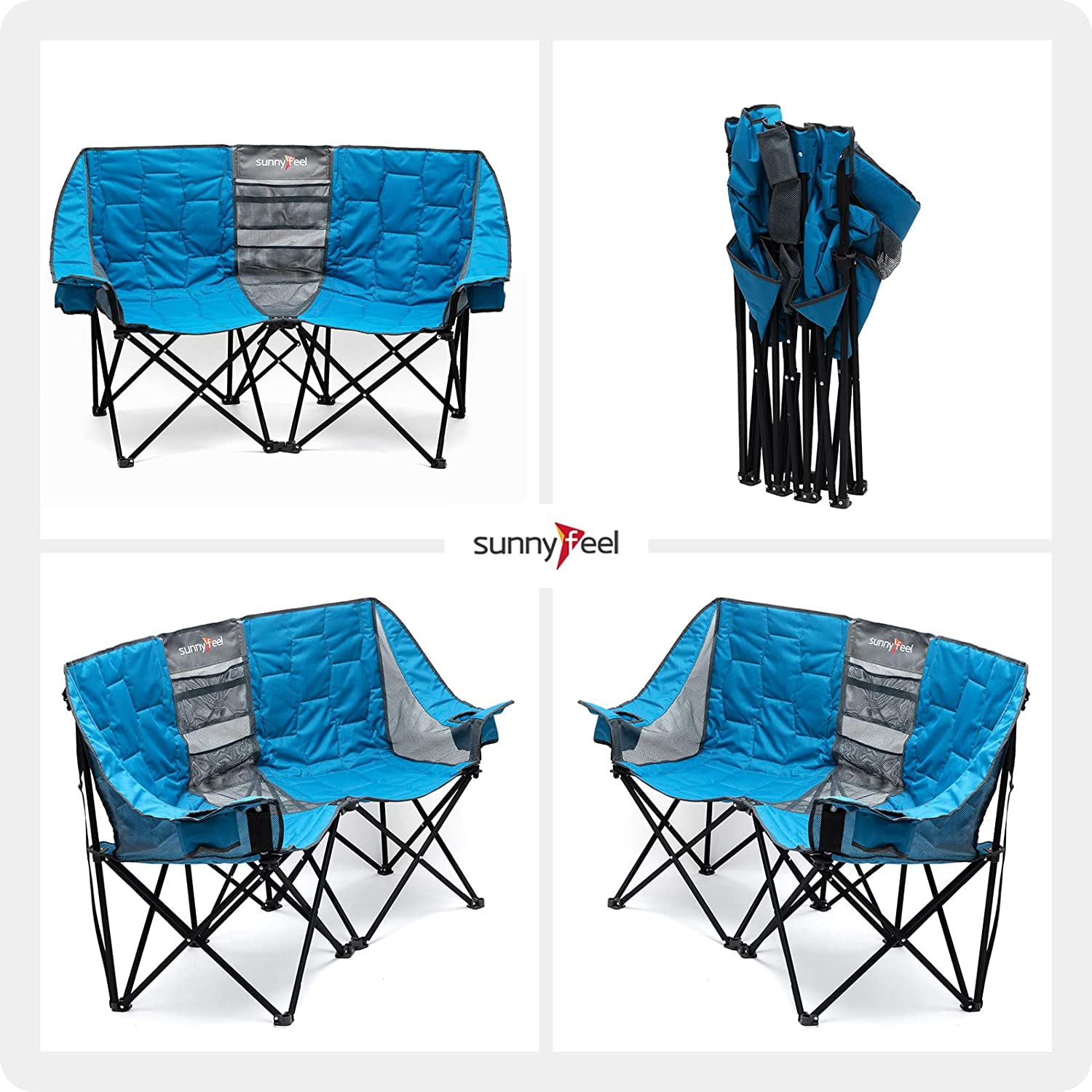 Sunnyfeel Heavy Duty Double Camping Chair Folding Loveseat with Mesh Storage, Comfortable for 2 Person, Blue - Image 8