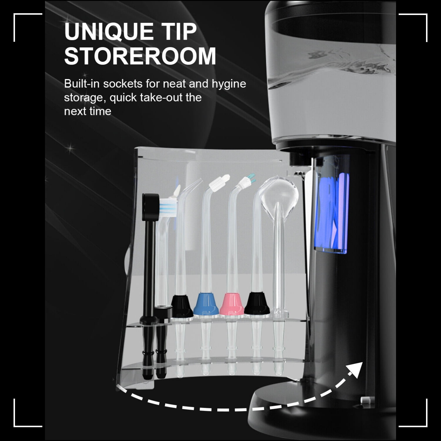 MySmile 1000ML Countertop Water Dental Flosser Teeth Cleaner 10 Settings Electric Power Oral Irrigator with Blue Light Storage Bag and 7 Jet Tips - Image 8